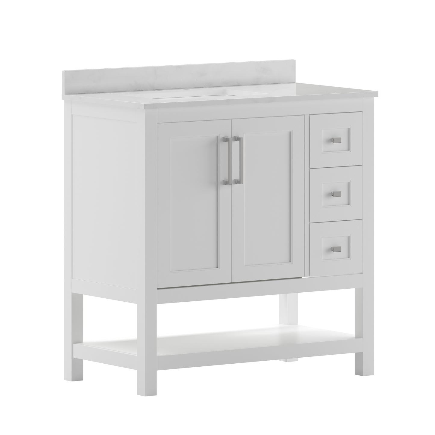 Vega 36 Inch Bathroom Vanity with Sink, Storage Cabinet with Soft Close Doors, Open Shelf and 3 Drawers, Carrara Marble Finish Countertop, White/White White