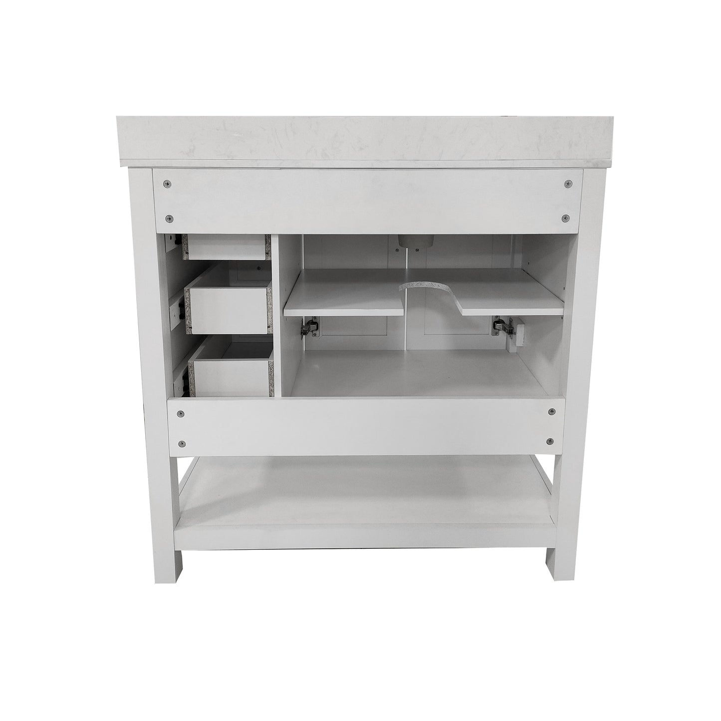 Vega 36 Inch Bathroom Vanity with Sink, Storage Cabinet with Soft Close Doors, Open Shelf and 3 Drawers, Carrara Marble Finish Countertop, White/White White
