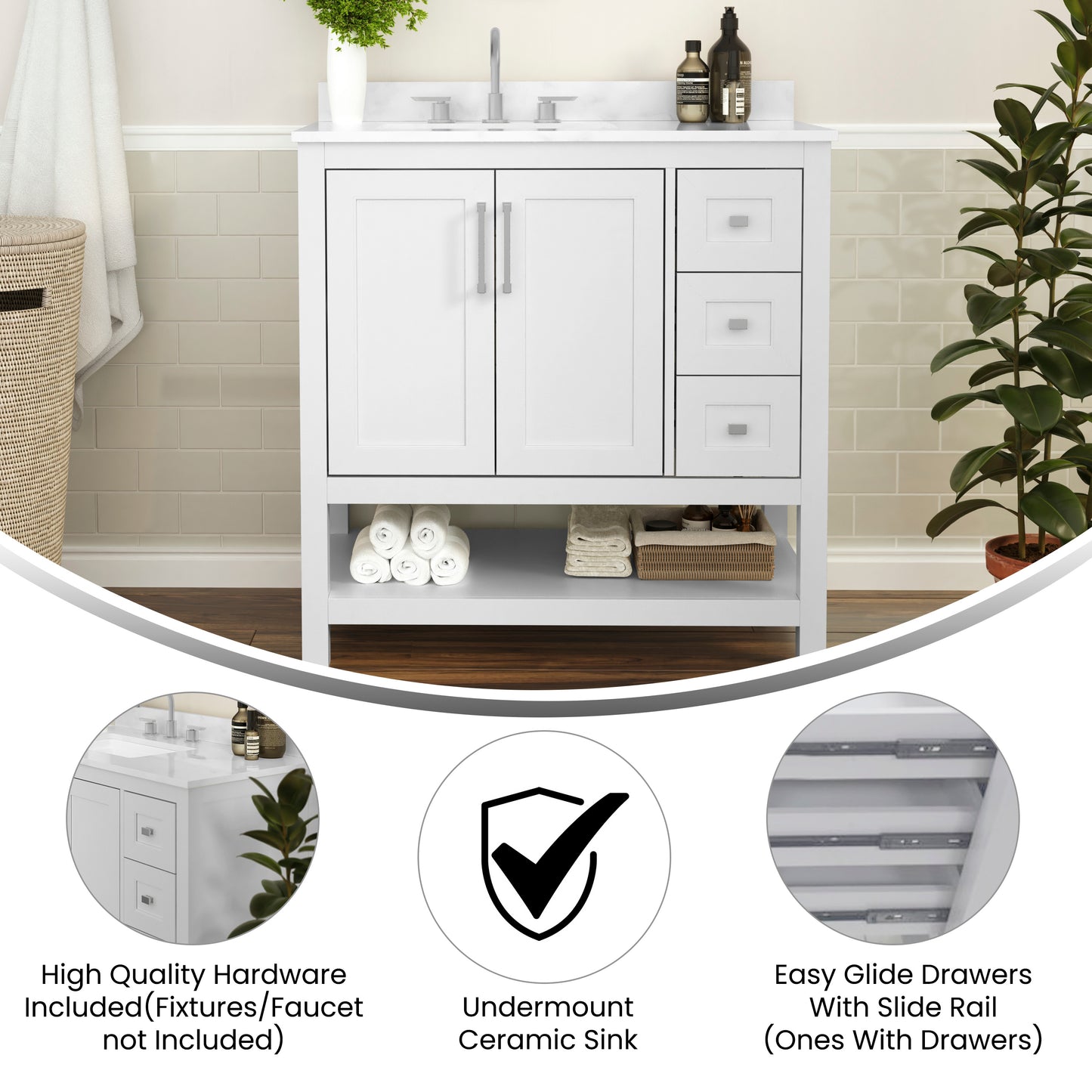 Vega 36 Inch Bathroom Vanity with Sink, Storage Cabinet with Soft Close Doors, Open Shelf and 3 Drawers, Carrara Marble Finish Countertop, White/White White