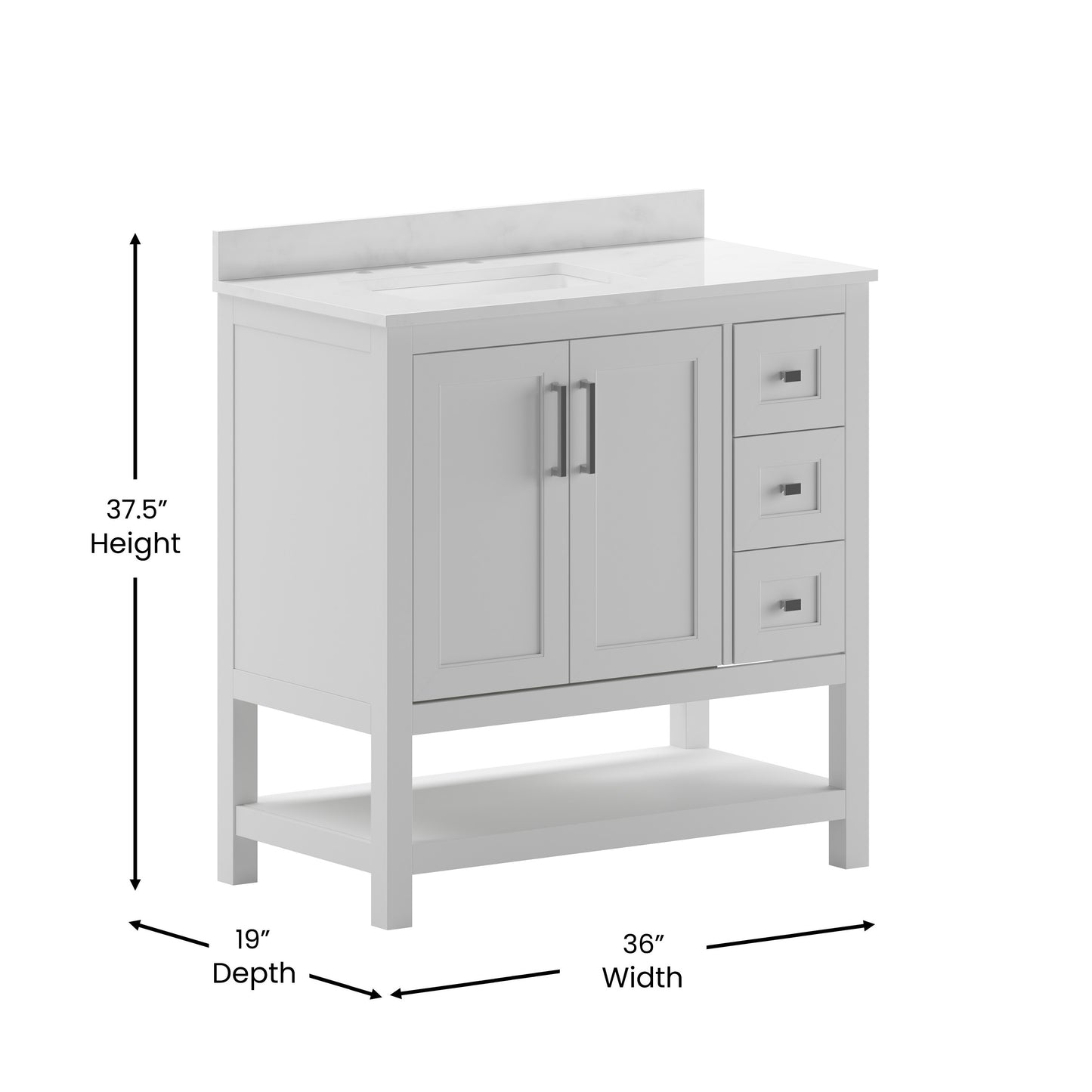 Vega 36 Inch Bathroom Vanity with Sink, Storage Cabinet with Soft Close Doors, Open Shelf and 3 Drawers, Carrara Marble Finish Countertop, White/White White