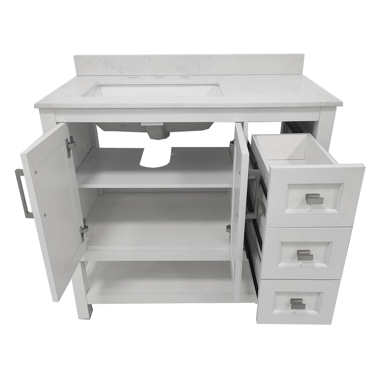 Vega 36 Inch Bathroom Vanity with Sink, Storage Cabinet with Soft Close Doors, Open Shelf and 3 Drawers, Carrara Marble Finish Countertop, White/White White