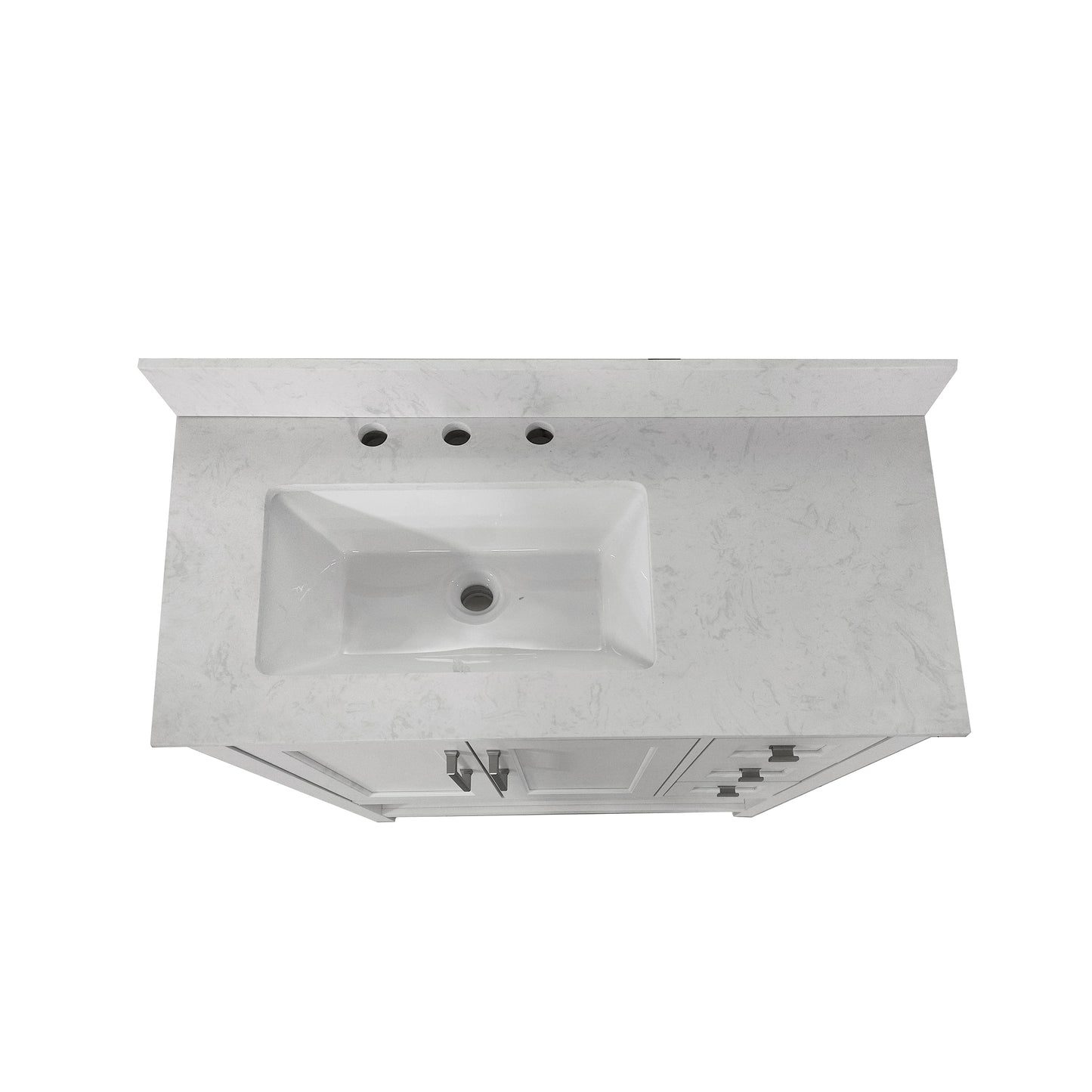 Vega 36 Inch Bathroom Vanity with Sink, Storage Cabinet with Soft Close Doors, Open Shelf and 3 Drawers, Carrara Marble Finish Countertop, White/White White