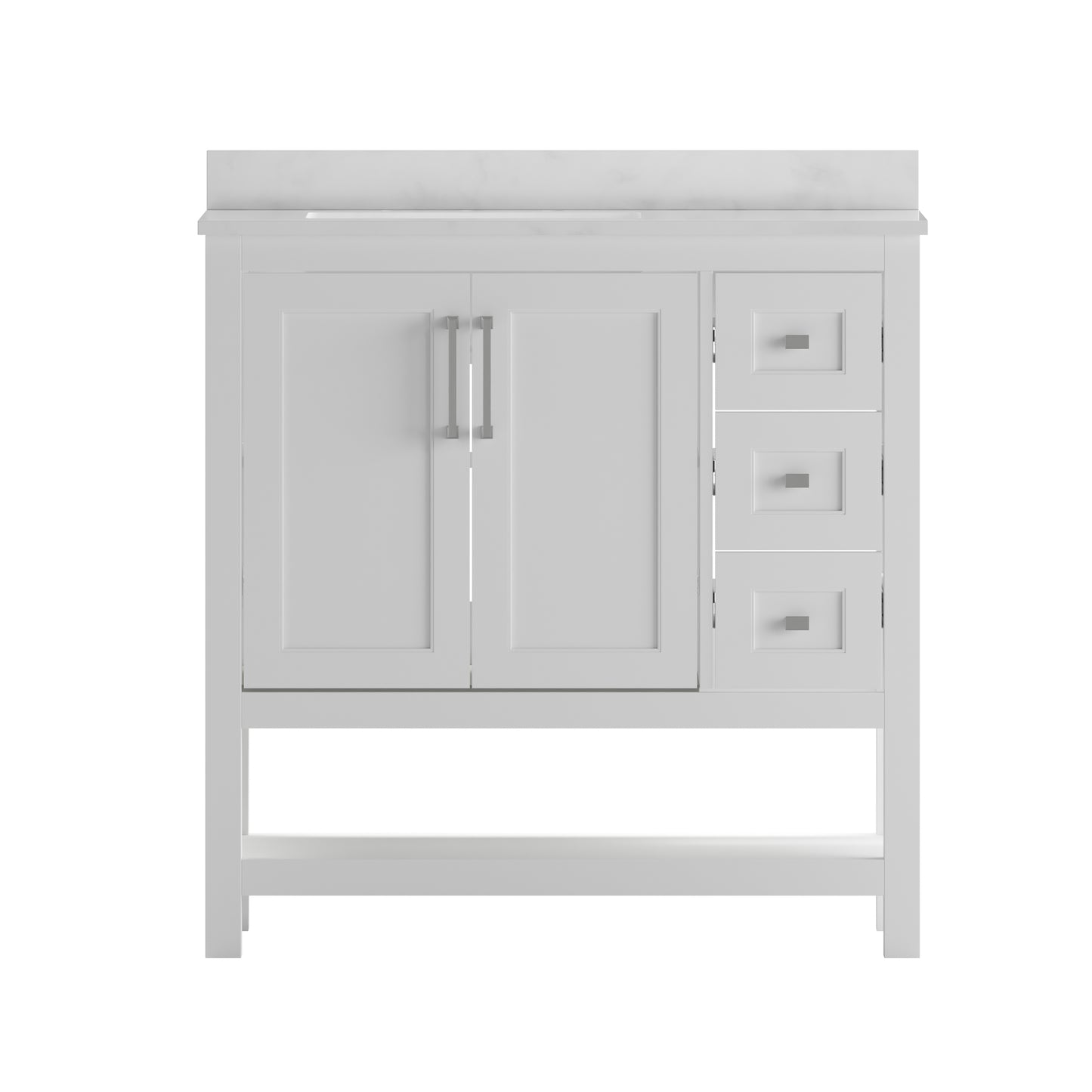 Vega 36 Inch Bathroom Vanity with Sink, Storage Cabinet with Soft Close Doors, Open Shelf and 3 Drawers, Carrara Marble Finish Countertop, White/White White