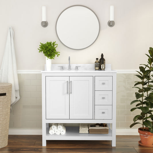 Vega 36 Inch Bathroom Vanity with Sink, Storage Cabinet with Soft Close Doors, Open Shelf and 3 Drawers, Carrara Marble Finish Countertop, White/White White FS-VEGA36-KD-WH-GG