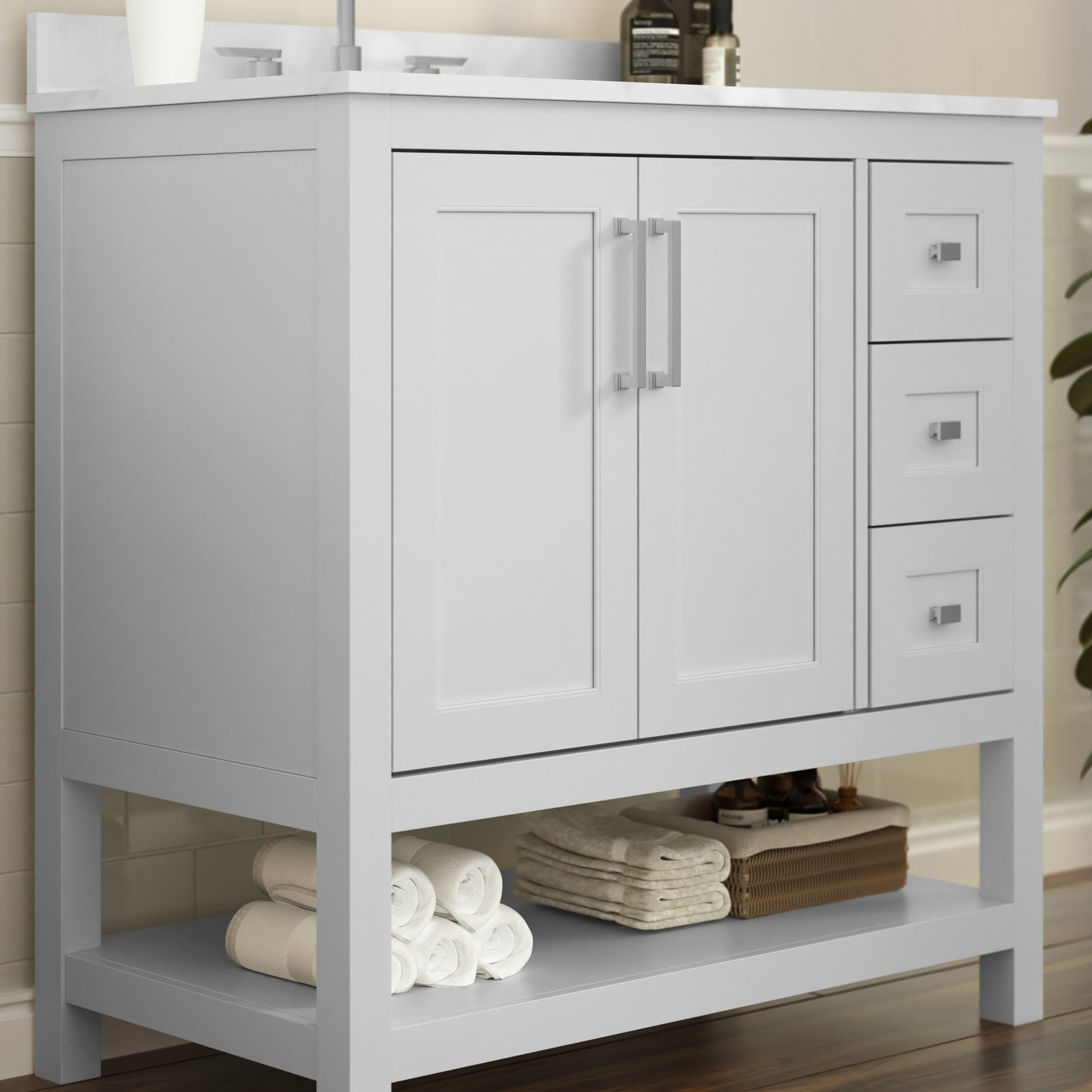 Vega 36 Inch Bathroom Vanity with Sink, Storage Cabinet with Soft Close Doors, Open Shelf and 3 Drawers, Carrara Marble Finish Countertop, White/White White
