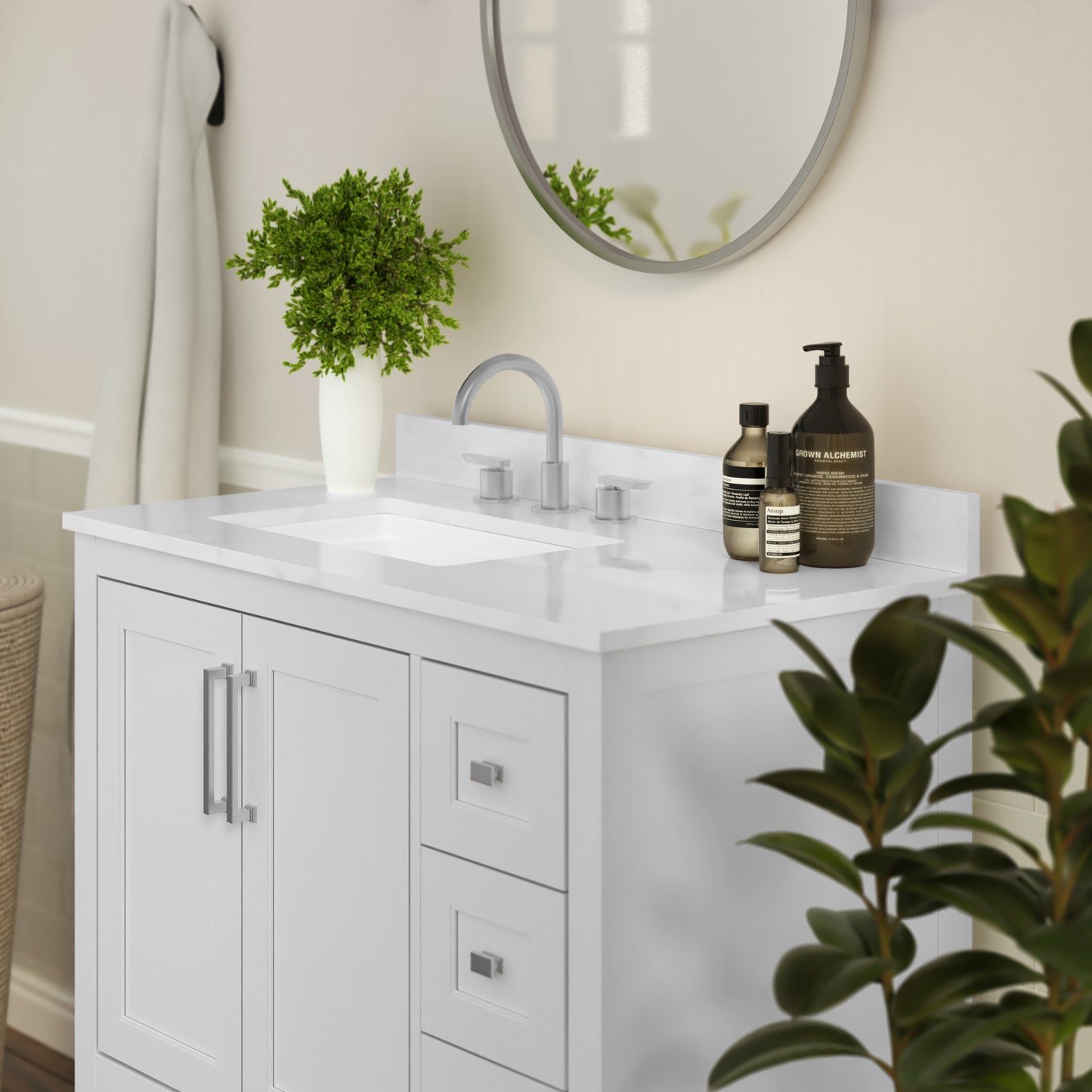 Vega 36 Inch Bathroom Vanity with Sink, Storage Cabinet with Soft Close Doors, Open Shelf and 3 Drawers, Carrara Marble Finish Countertop, White/White White