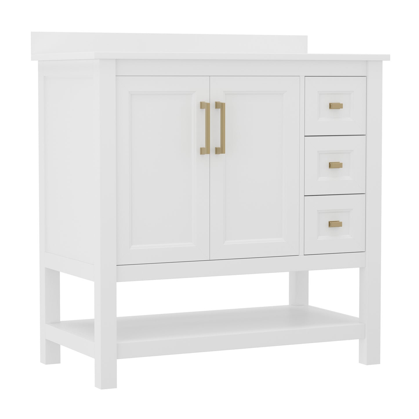 Vega 36 Inch Bathroom Vanity with Sink, Storage Cabinet with Soft Close Doors, Open Shelf and 3 Drawers, Carrara Marble Finish Countertop, White/Gold White Frame/Gold Hardware