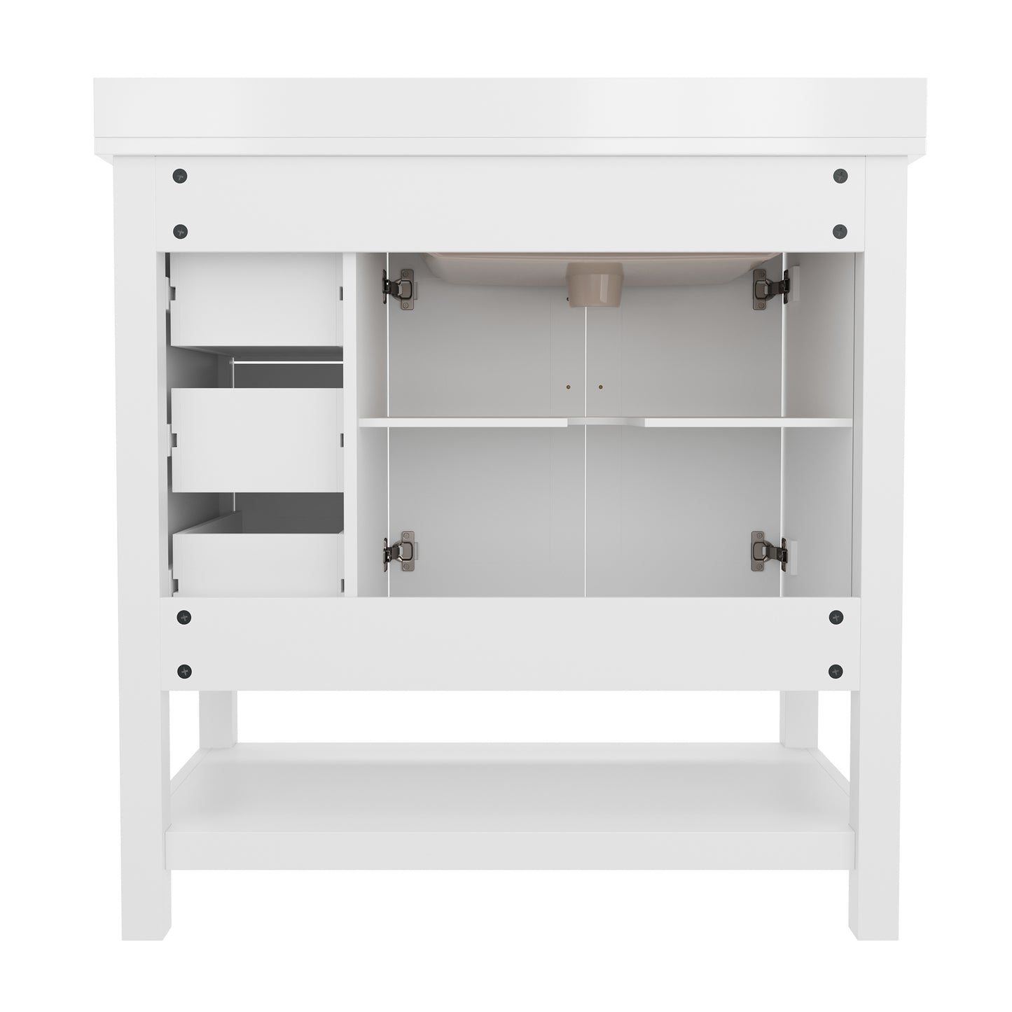 Vega 36 Inch Bathroom Vanity with Sink, Storage Cabinet with Soft Close Doors, Open Shelf and 3 Drawers, Carrara Marble Finish Countertop, White/Gold White Frame/Gold Hardware