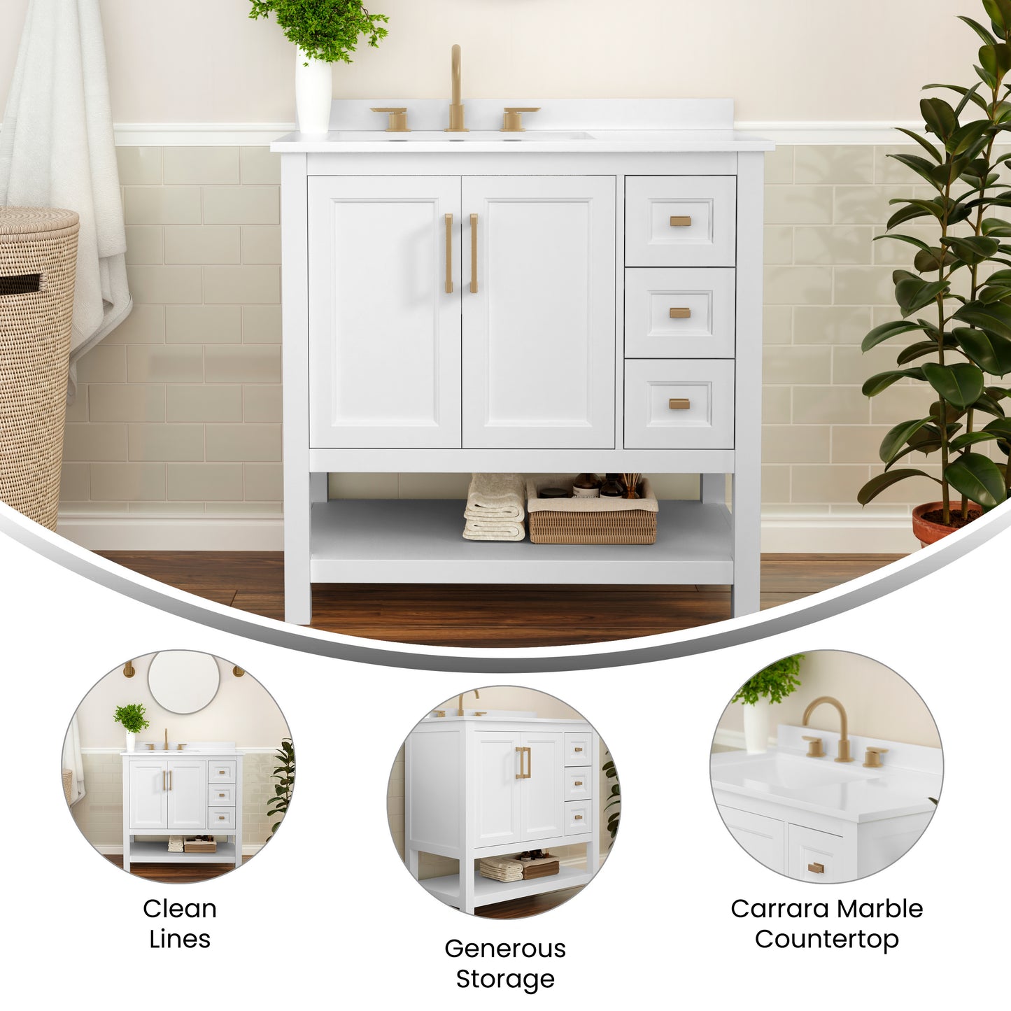 Vega 36 Inch Bathroom Vanity with Sink, Storage Cabinet with Soft Close Doors, Open Shelf and 3 Drawers, Carrara Marble Finish Countertop, White/Gold White Frame/Gold Hardware