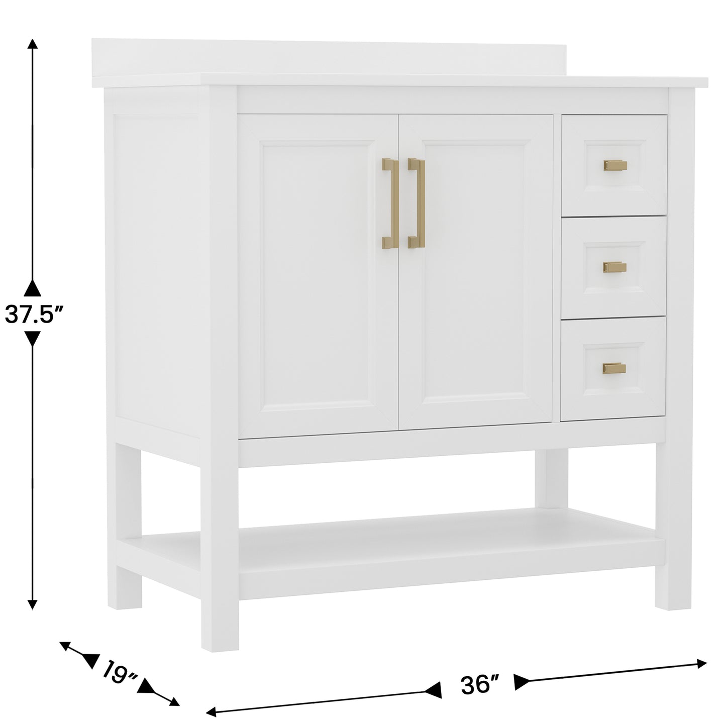 Vega 36 Inch Bathroom Vanity with Sink, Storage Cabinet with Soft Close Doors, Open Shelf and 3 Drawers, Carrara Marble Finish Countertop, White/Gold White Frame/Gold Hardware