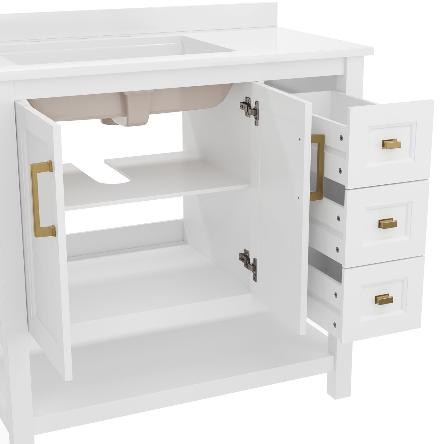 Vega 36 Inch Bathroom Vanity with Sink, Storage Cabinet with Soft Close Doors, Open Shelf and 3 Drawers, Carrara Marble Finish Countertop, White/Gold White Frame/Gold Hardware