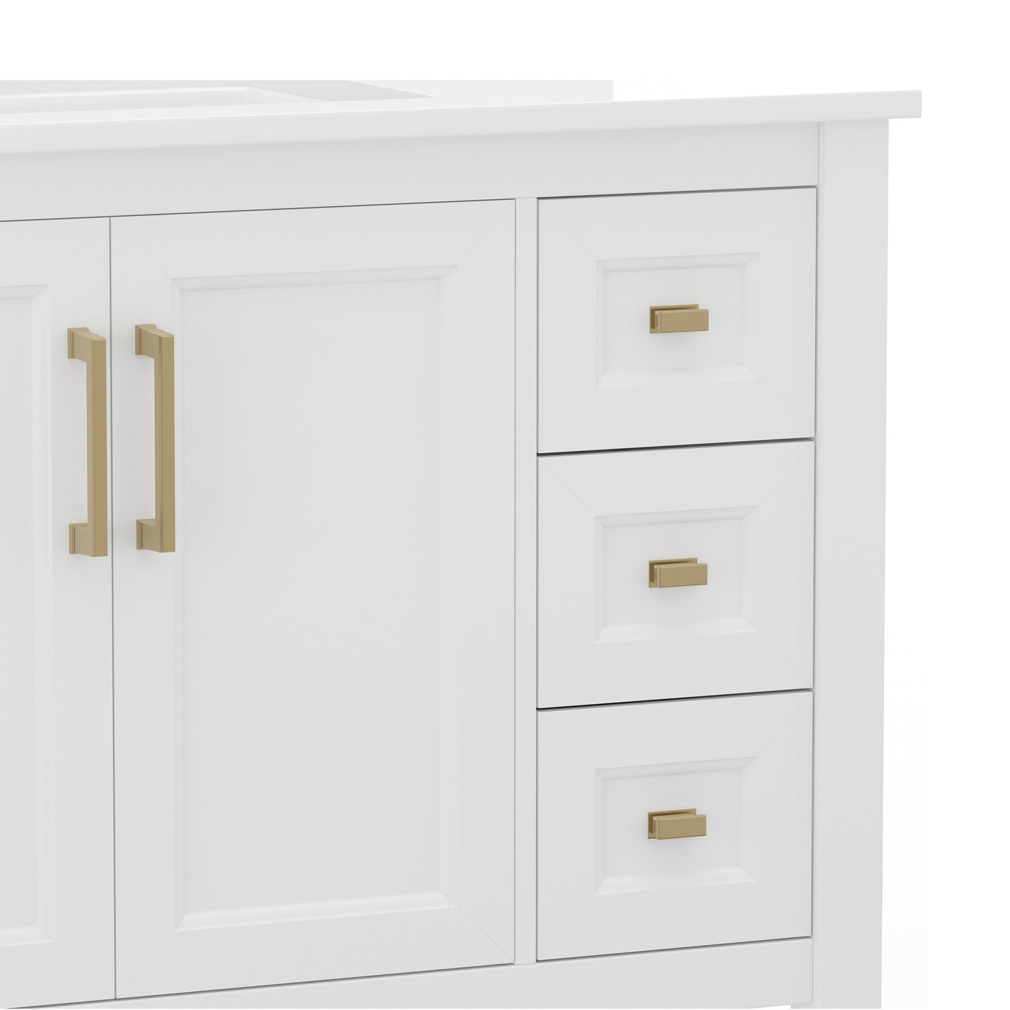 Vega 36 Inch Bathroom Vanity with Sink, Storage Cabinet with Soft Close Doors, Open Shelf and 3 Drawers, Carrara Marble Finish Countertop, White/Gold White Frame/Gold Hardware