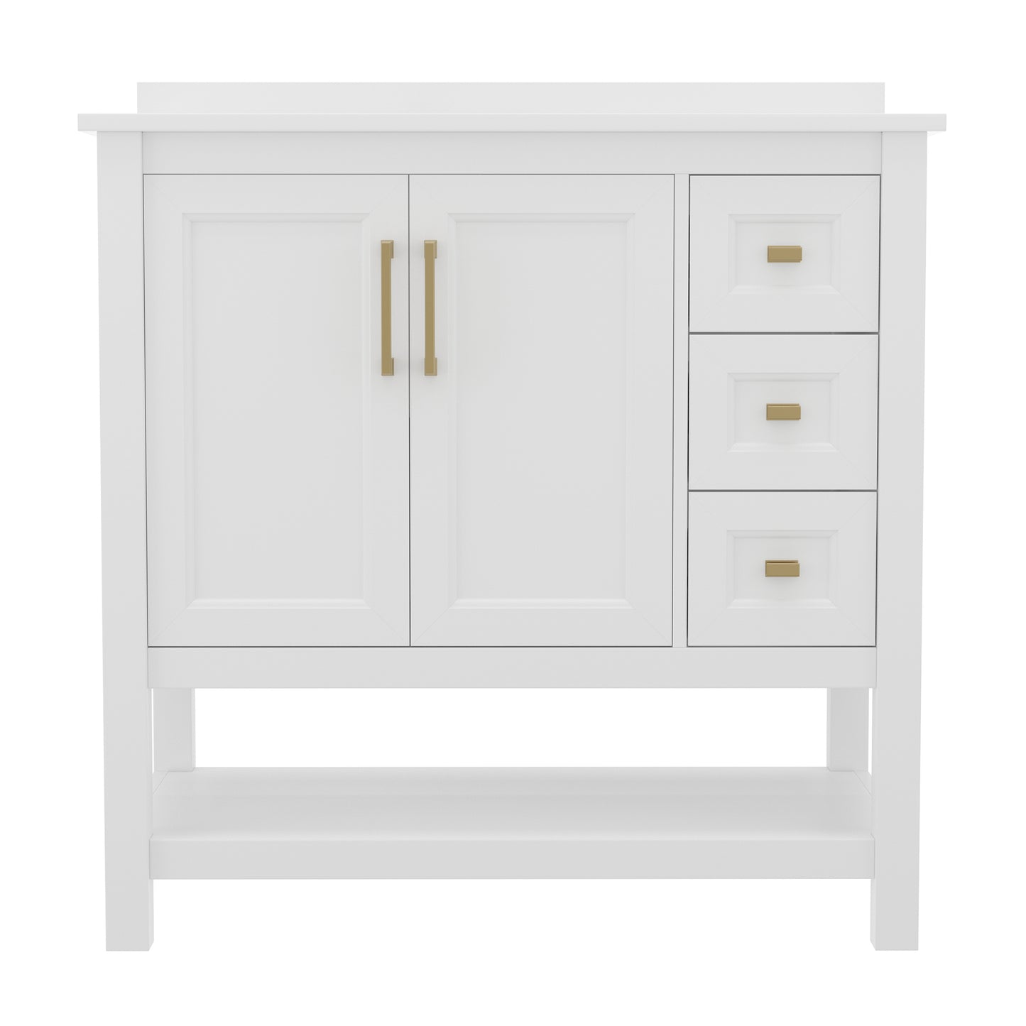 Vega 36 Inch Bathroom Vanity with Sink, Storage Cabinet with Soft Close Doors, Open Shelf and 3 Drawers, Carrara Marble Finish Countertop, White/Gold White Frame/Gold Hardware