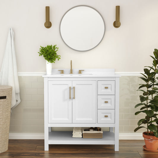 Vega 36 Inch Bathroom Vanity with Sink, Storage Cabinet with Soft Close Doors, Open Shelf and 3 Drawers, Carrara Marble Finish Countertop, White/Gold White Frame/Gold Hardware FS-VEGA36-KD-WH-GLD-GG