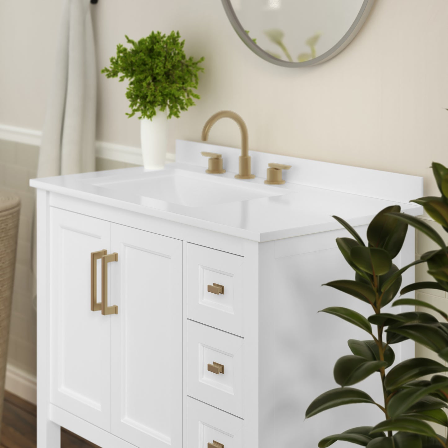 Vega 36 Inch Bathroom Vanity with Sink, Storage Cabinet with Soft Close Doors, Open Shelf and 3 Drawers, Carrara Marble Finish Countertop, White/Gold White Frame/Gold Hardware