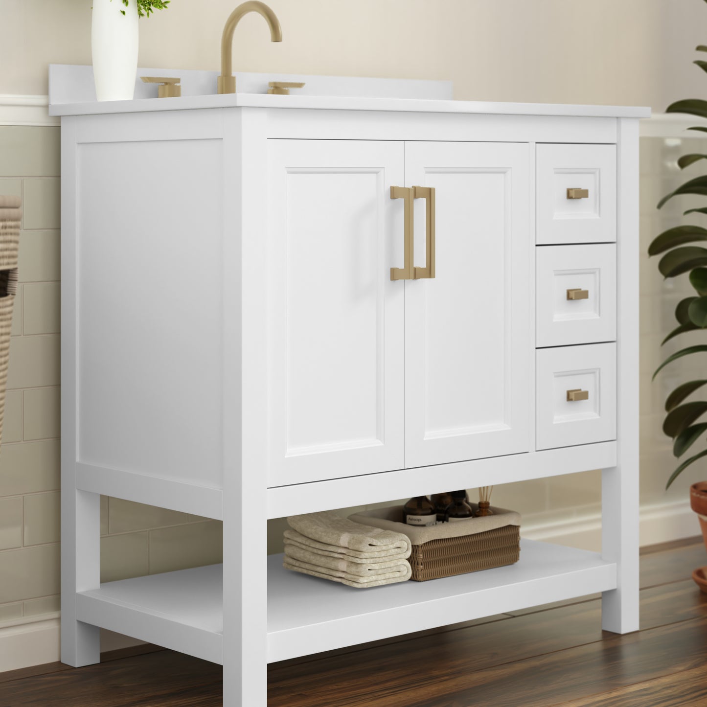 Vega 36 Inch Bathroom Vanity with Sink, Storage Cabinet with Soft Close Doors, Open Shelf and 3 Drawers, Carrara Marble Finish Countertop, White/Gold White Frame/Gold Hardware
