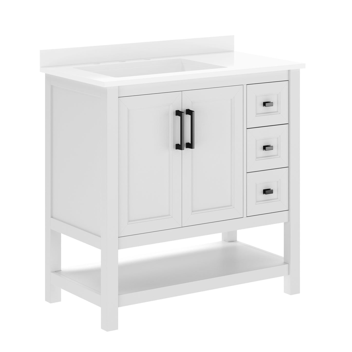 Vega 36" Bathroom Vanity with Sink, Cabinet with Black Hardware, Soft Close Doors, Open Shelf & 3 Drawers, Carrara Marble Finish Counter, White/White White Frame/Black Hardware