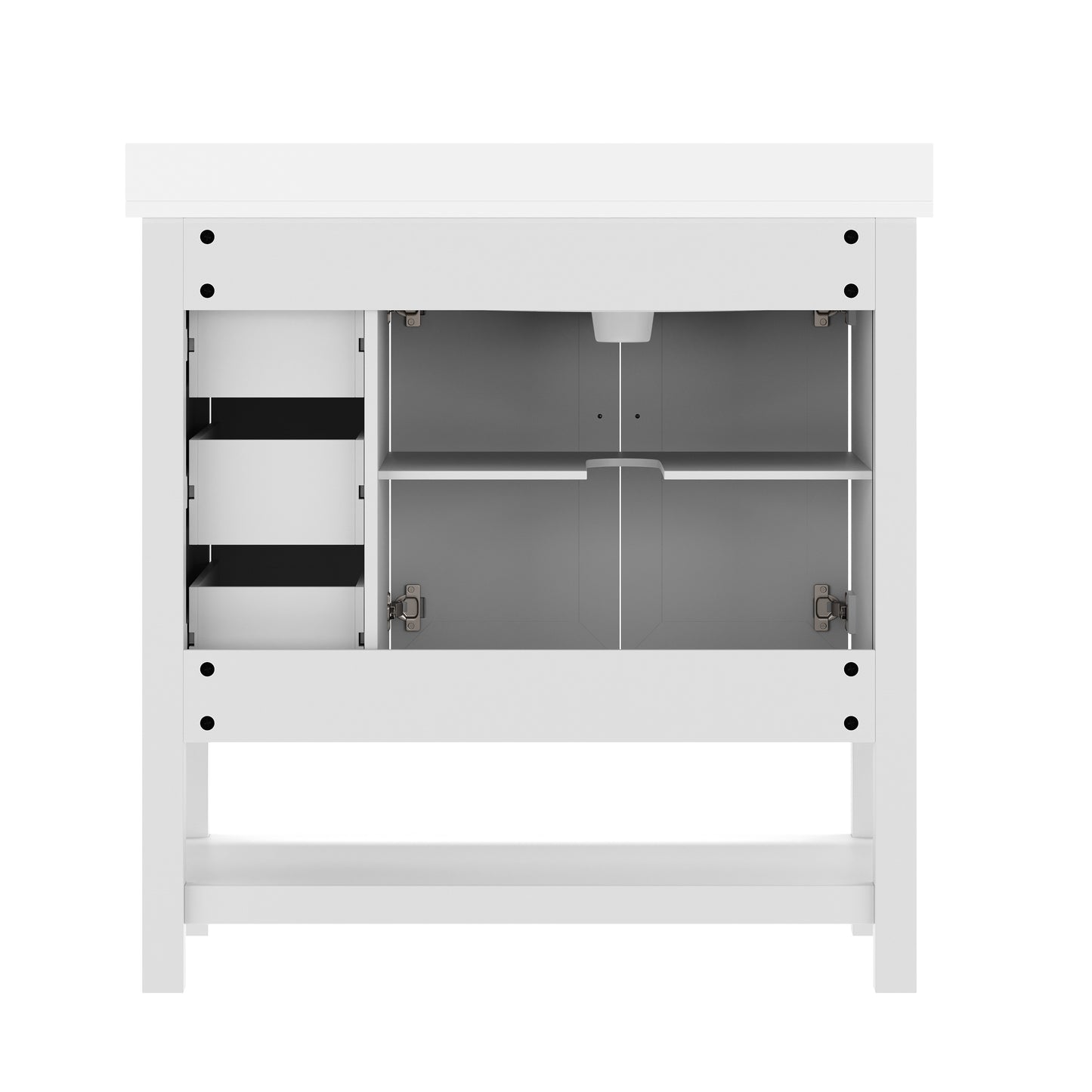 Vega 36" Bathroom Vanity with Sink, Cabinet with Black Hardware, Soft Close Doors, Open Shelf & 3 Drawers, Carrara Marble Finish Counter, White/White White Frame/Black Hardware