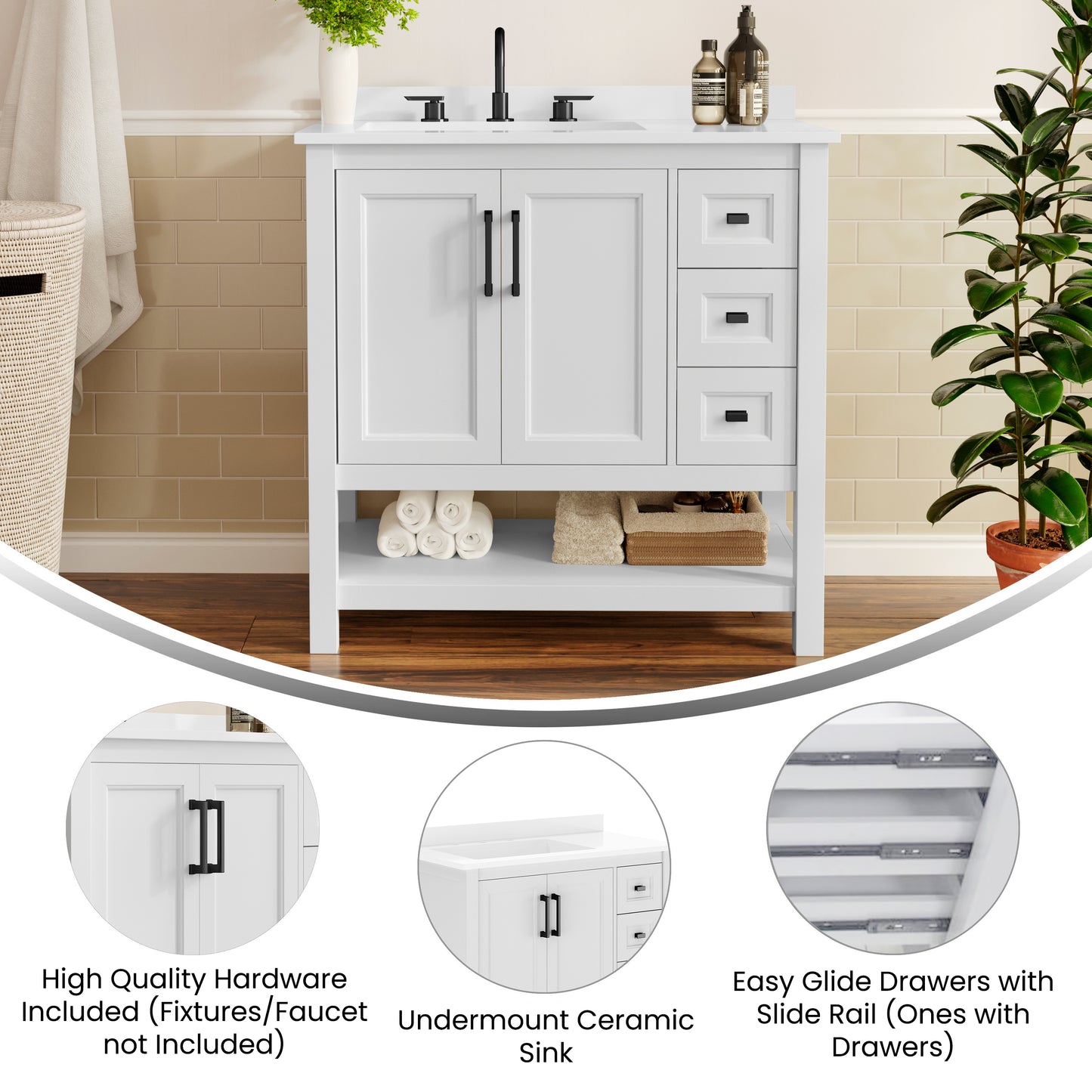 Vega 36" Bathroom Vanity with Sink, Cabinet with Black Hardware, Soft Close Doors, Open Shelf & 3 Drawers, Carrara Marble Finish Counter, White/White White Frame/Black Hardware