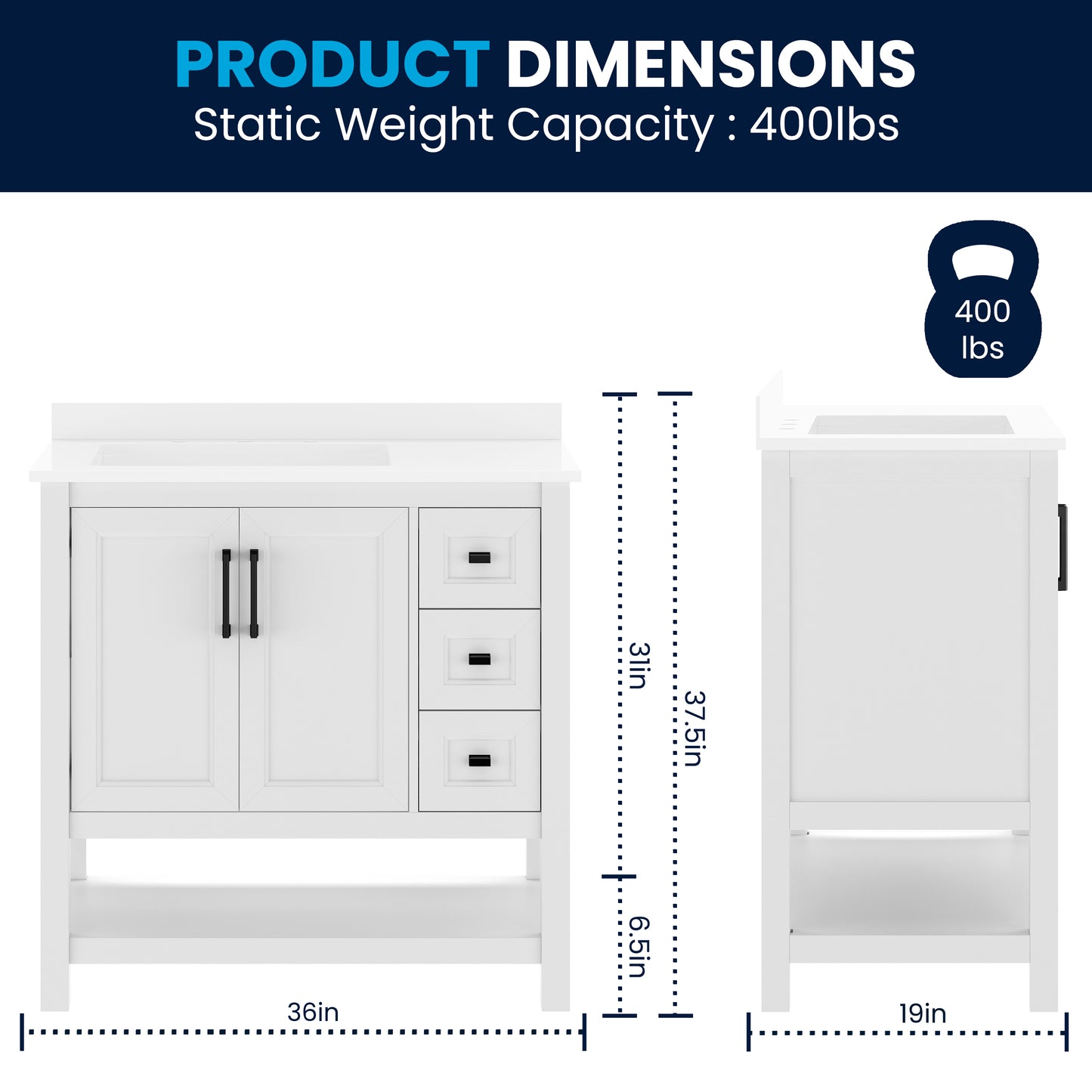 Vega 36" Bathroom Vanity with Sink, Cabinet with Black Hardware, Soft Close Doors, Open Shelf & 3 Drawers, Carrara Marble Finish Counter, White/White White Frame/Black Hardware