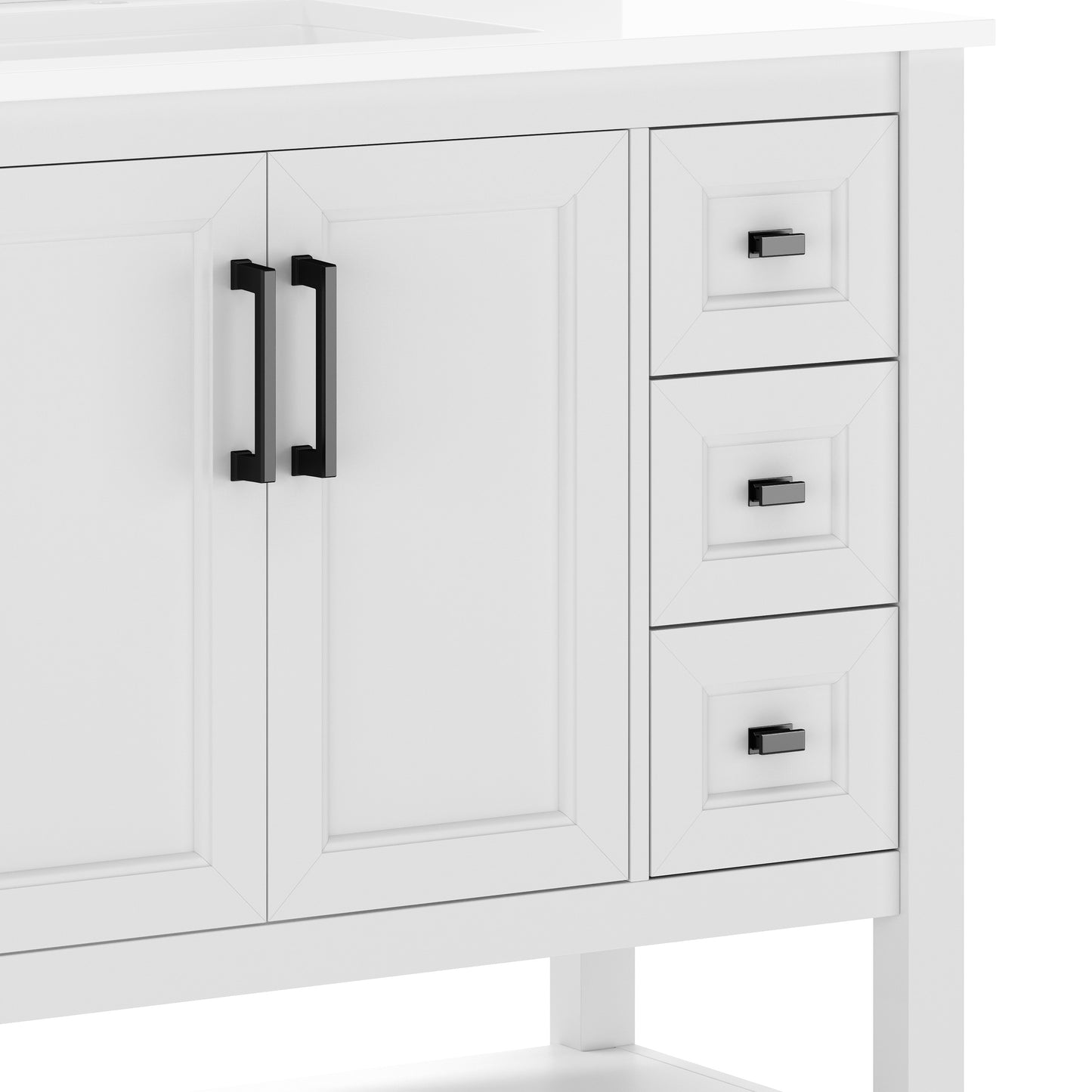 Vega 36" Bathroom Vanity with Sink, Cabinet with Black Hardware, Soft Close Doors, Open Shelf & 3 Drawers, Carrara Marble Finish Counter, White/White White Frame/Black Hardware