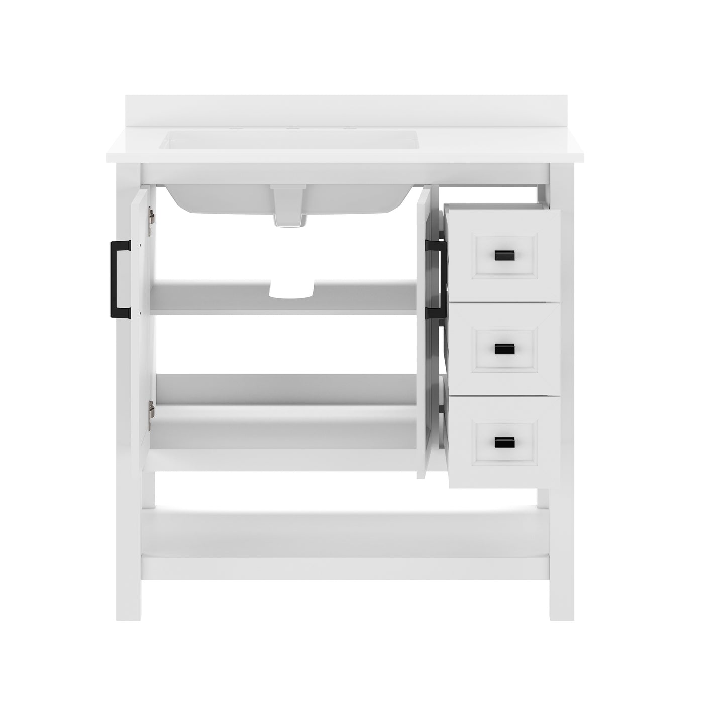Vega 36" Bathroom Vanity with Sink, Cabinet with Black Hardware, Soft Close Doors, Open Shelf & 3 Drawers, Carrara Marble Finish Counter, White/White White Frame/Black Hardware
