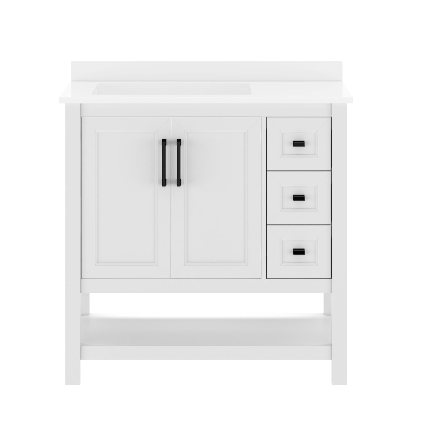 Vega 36" Bathroom Vanity with Sink, Cabinet with Black Hardware, Soft Close Doors, Open Shelf & 3 Drawers, Carrara Marble Finish Counter, White/White White Frame/Black Hardware