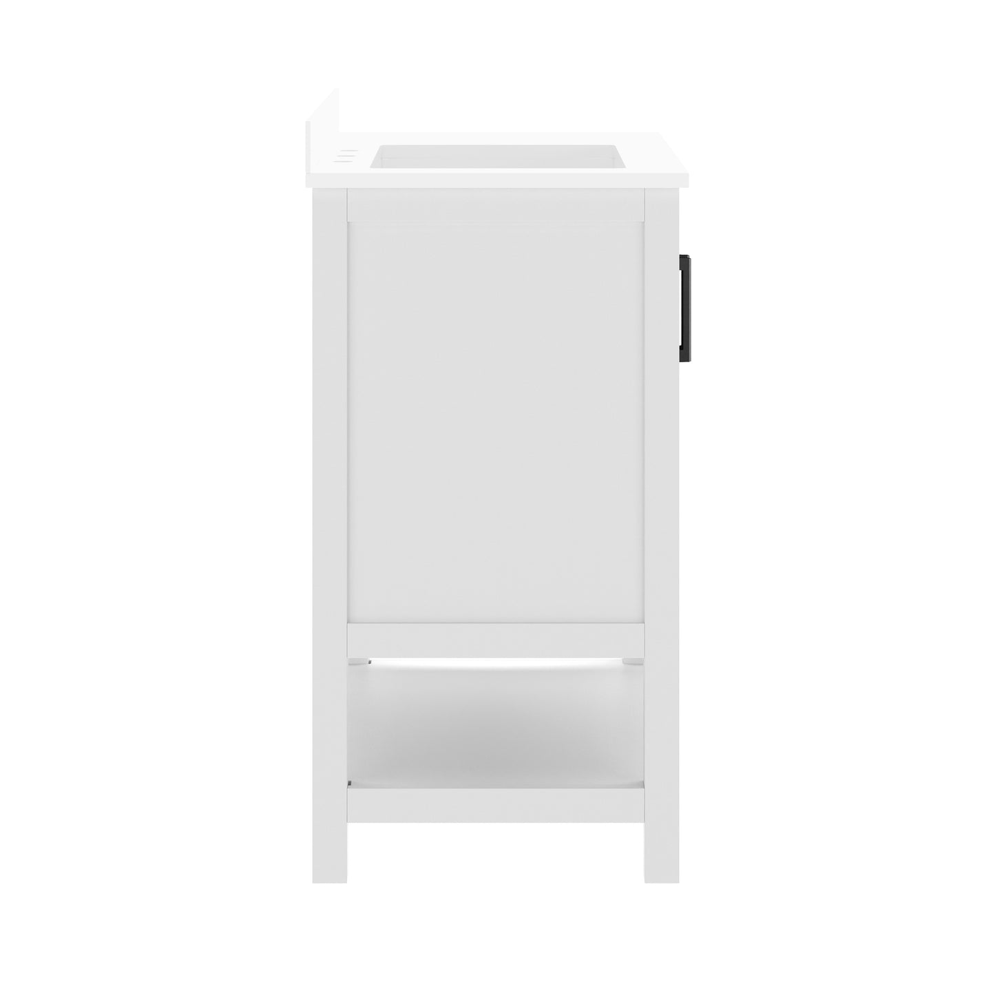 Vega 36" Bathroom Vanity with Sink, Cabinet with Black Hardware, Soft Close Doors, Open Shelf & 3 Drawers, Carrara Marble Finish Counter, White/White White Frame/Black Hardware