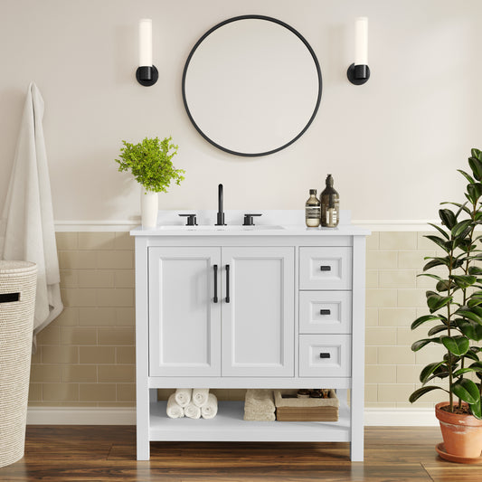 Vega 36" Bathroom Vanity with Sink, Cabinet with Black Hardware, Soft Close Doors, Open Shelf & 3 Drawers, Carrara Marble Finish Counter, White/White White Frame/Black Hardware FS-VEGA36-KD-WH-HDBLK-GG