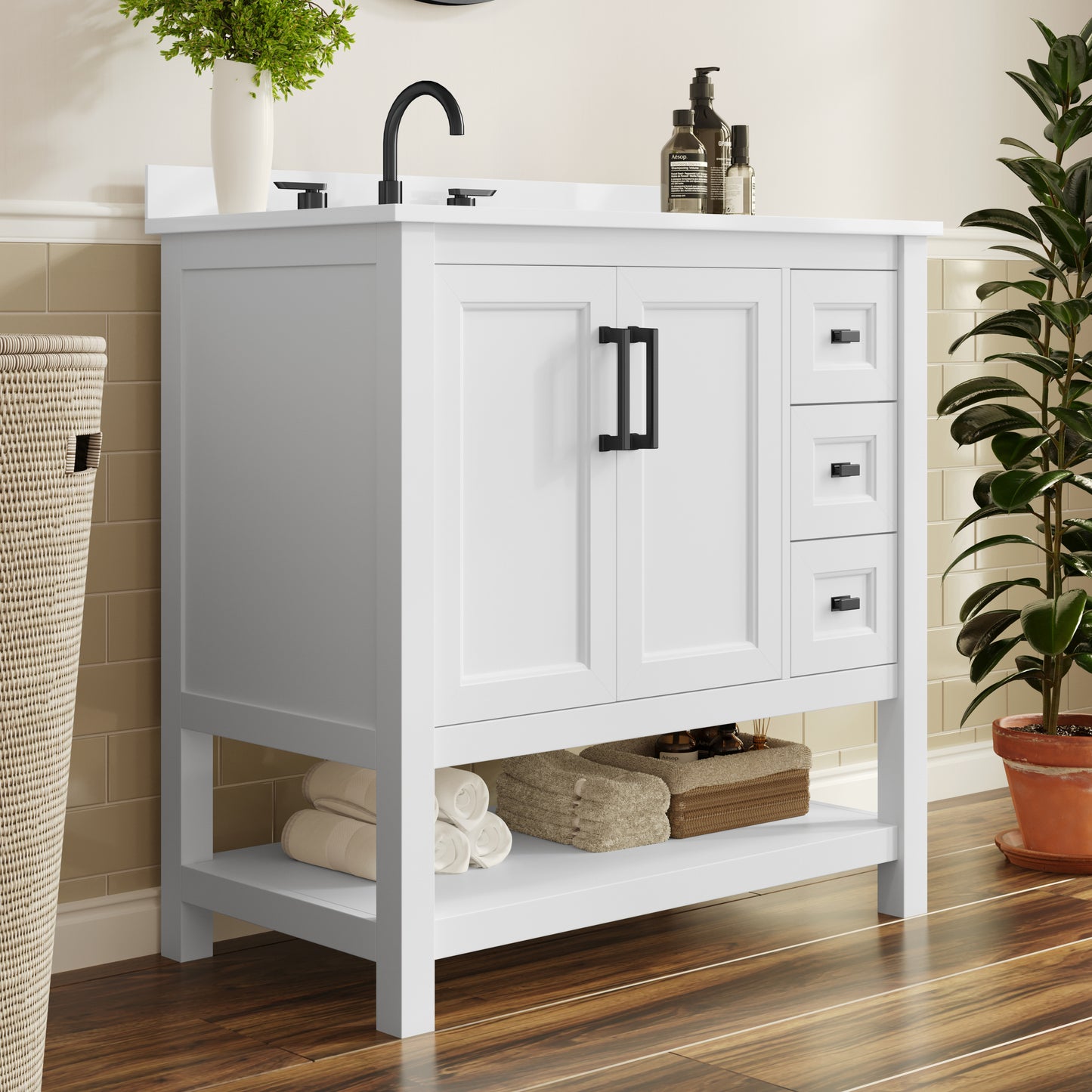 Vega 36" Bathroom Vanity with Sink, Cabinet with Black Hardware, Soft Close Doors, Open Shelf & 3 Drawers, Carrara Marble Finish Counter, White/White White Frame/Black Hardware
