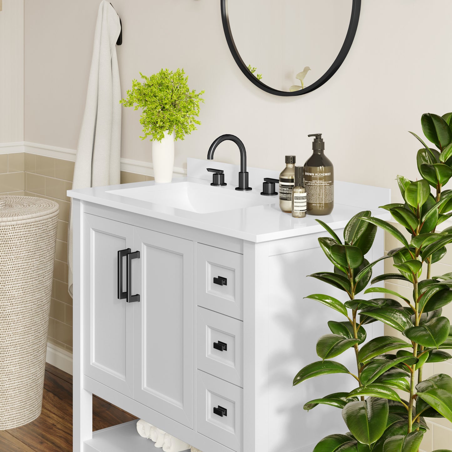 Vega 36" Bathroom Vanity with Sink, Cabinet with Black Hardware, Soft Close Doors, Open Shelf & 3 Drawers, Carrara Marble Finish Counter, White/White White Frame/Black Hardware