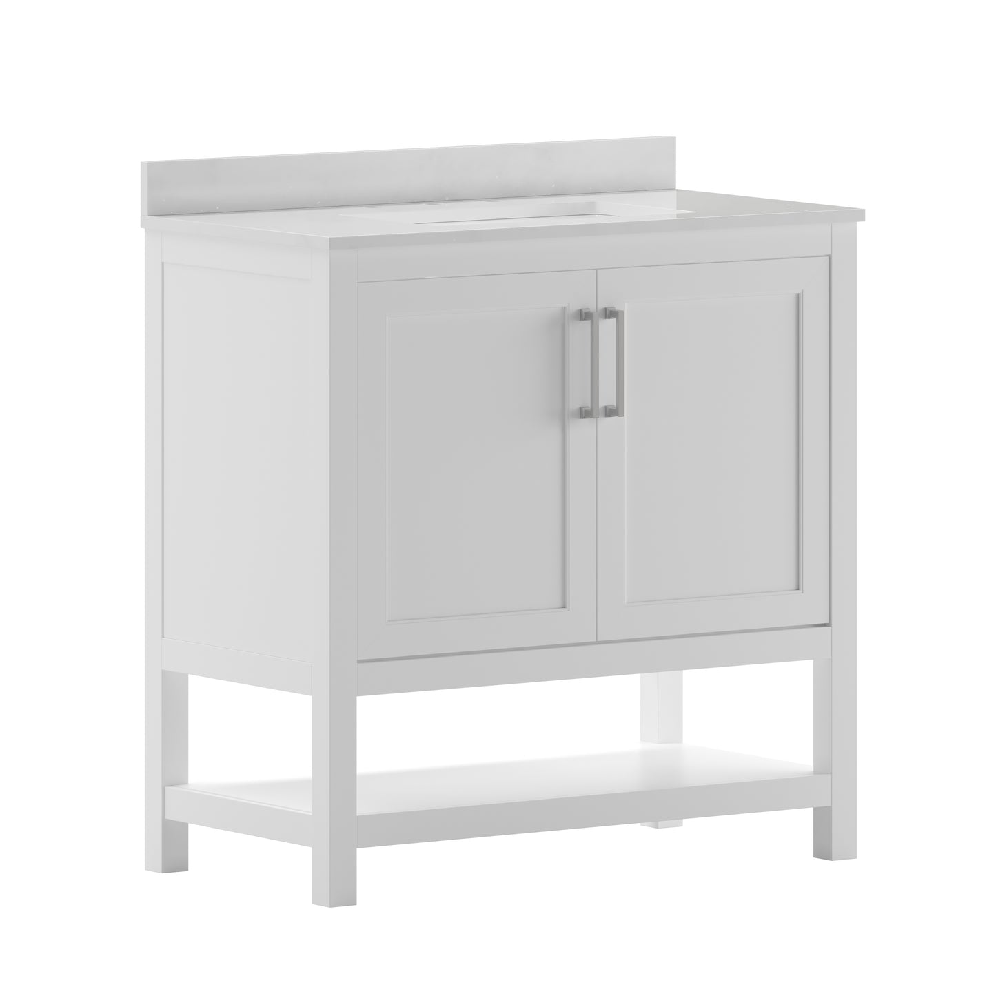 Vega 36 Inch Bathroom Vanity with Sink Combo, Storage Cabinet with Soft Close Doors and Open Shelf, Carrara Marble Finish Countertop, White/White White