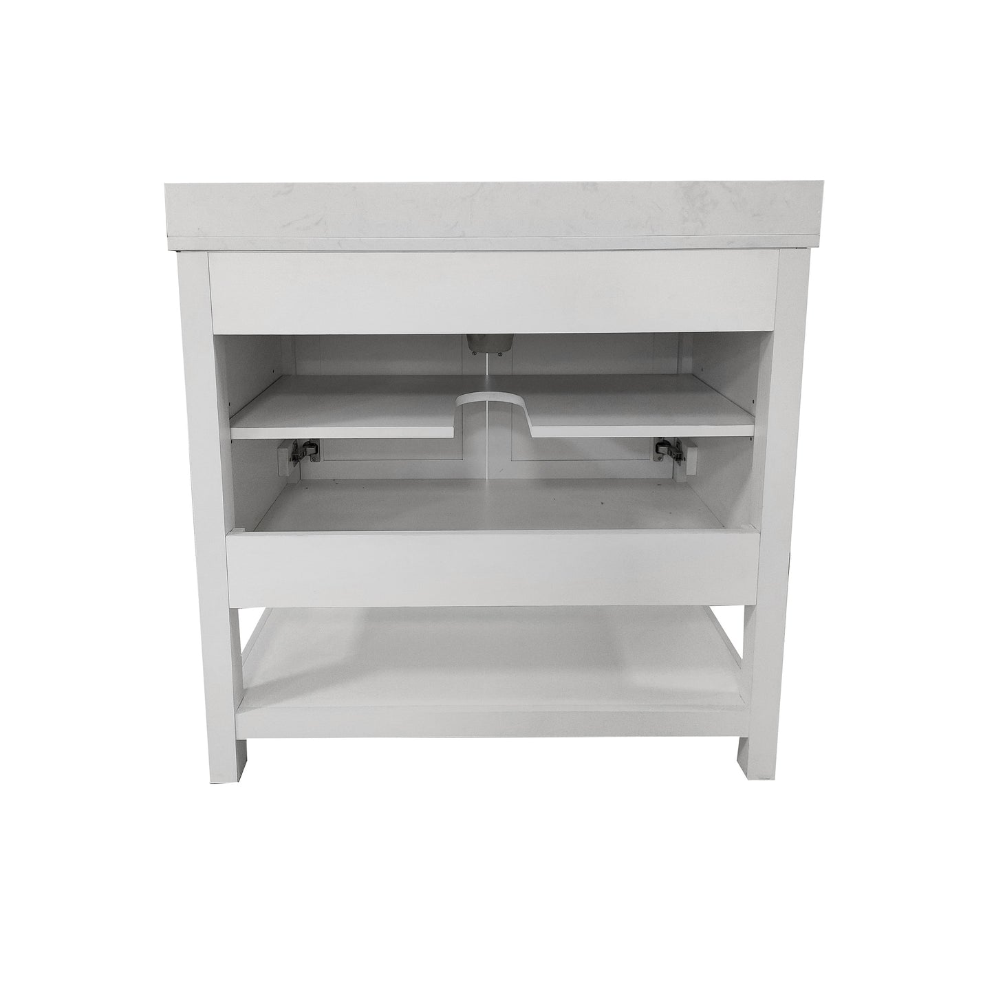 Vega 36 Inch Bathroom Vanity with Sink Combo, Storage Cabinet with Soft Close Doors and Open Shelf, Carrara Marble Finish Countertop, White/White White