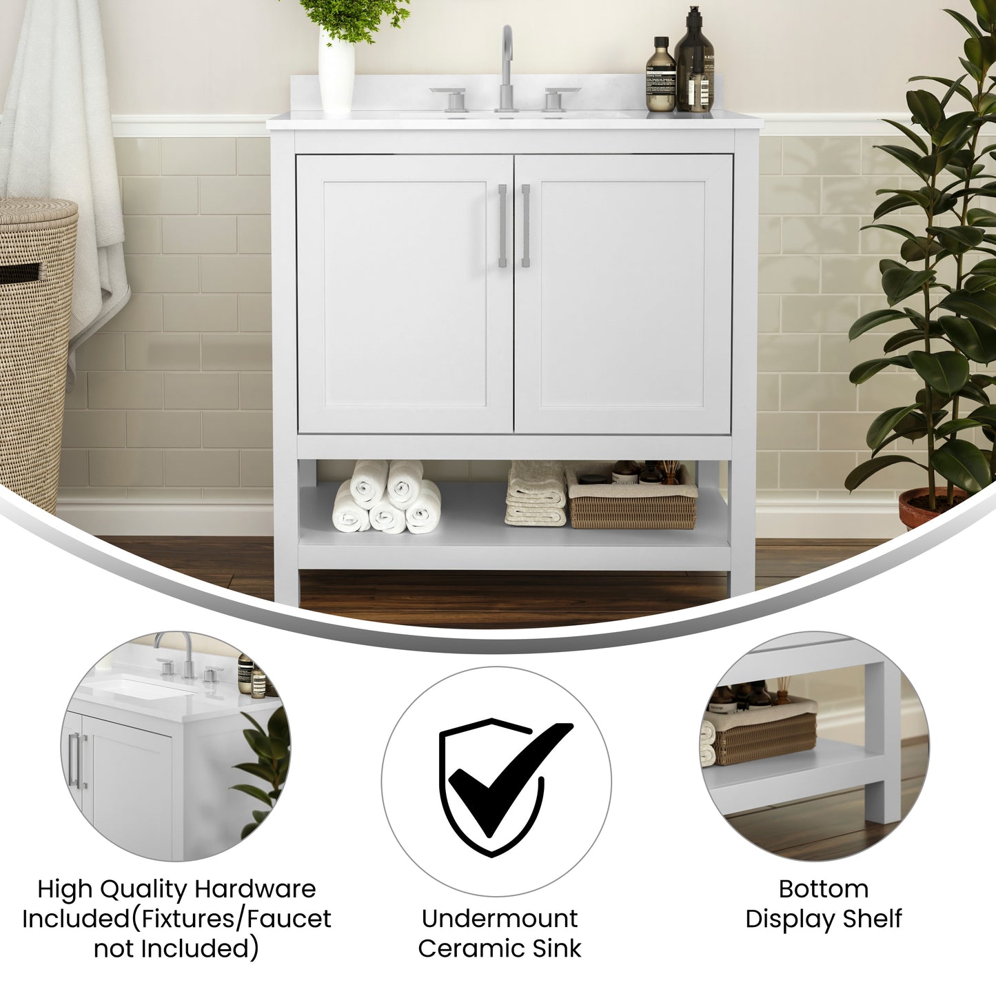 Vega 36 Inch Bathroom Vanity with Sink Combo, Storage Cabinet with Soft Close Doors and Open Shelf, Carrara Marble Finish Countertop, White/White White