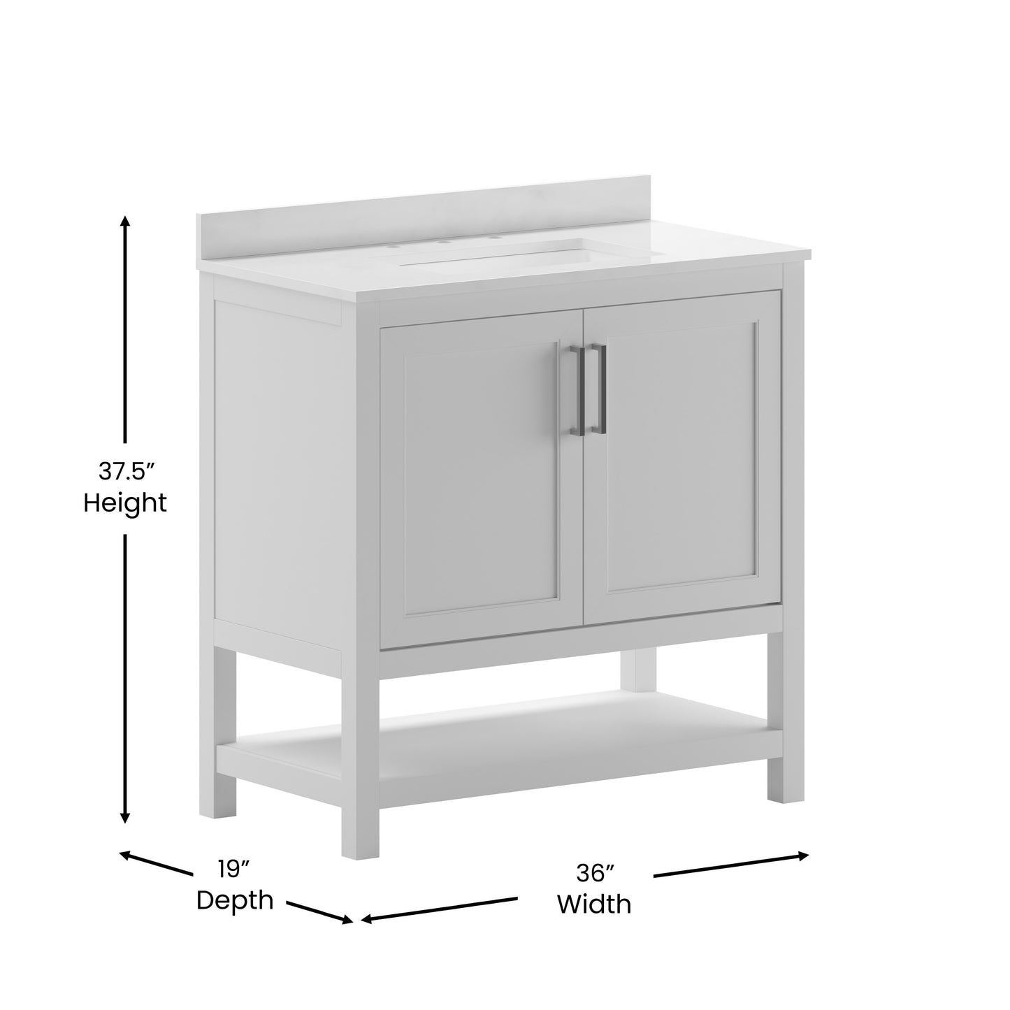 Vega 36 Inch Bathroom Vanity with Sink Combo, Storage Cabinet with Soft Close Doors and Open Shelf, Carrara Marble Finish Countertop, White/White White