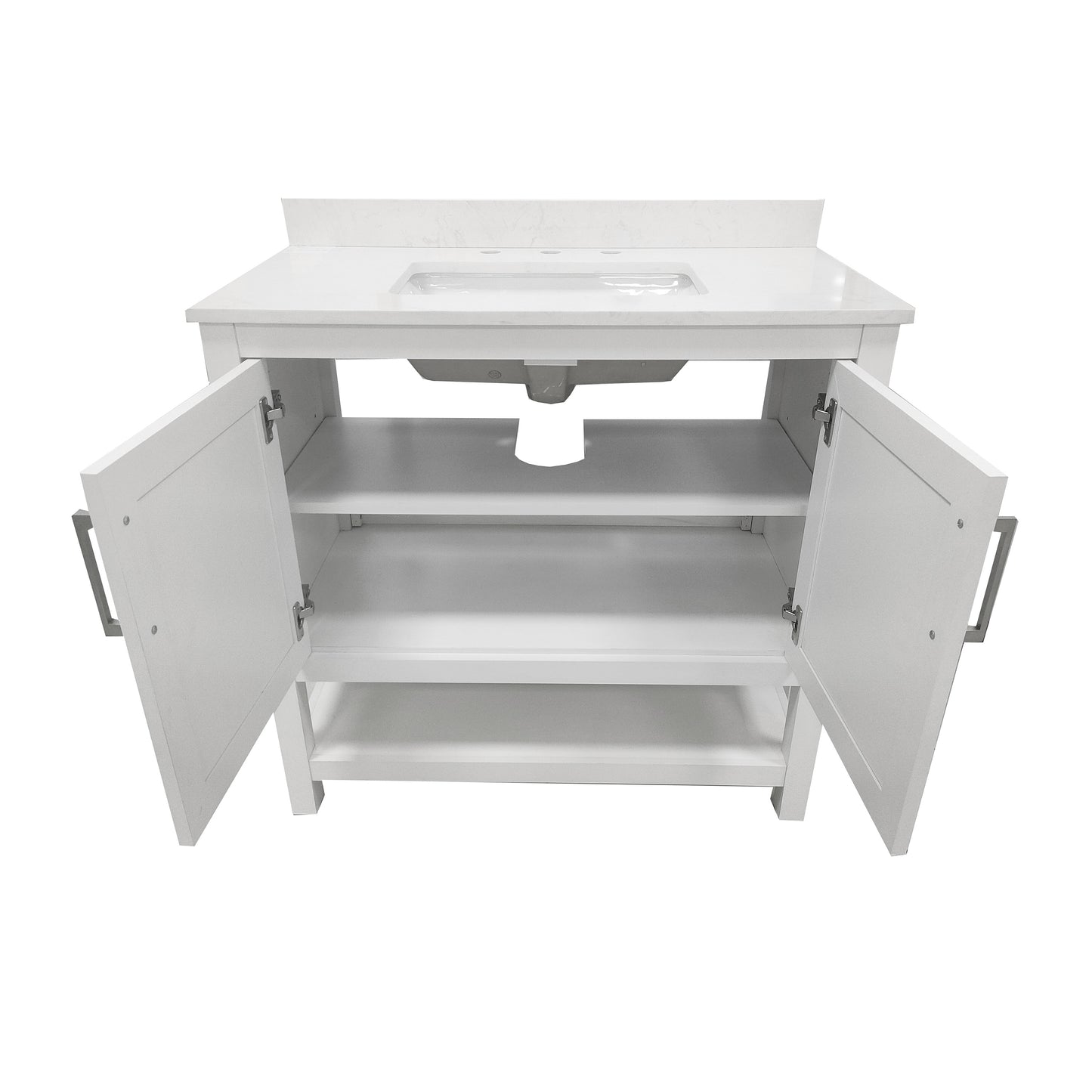 Vega 36 Inch Bathroom Vanity with Sink Combo, Storage Cabinet with Soft Close Doors and Open Shelf, Carrara Marble Finish Countertop, White/White White