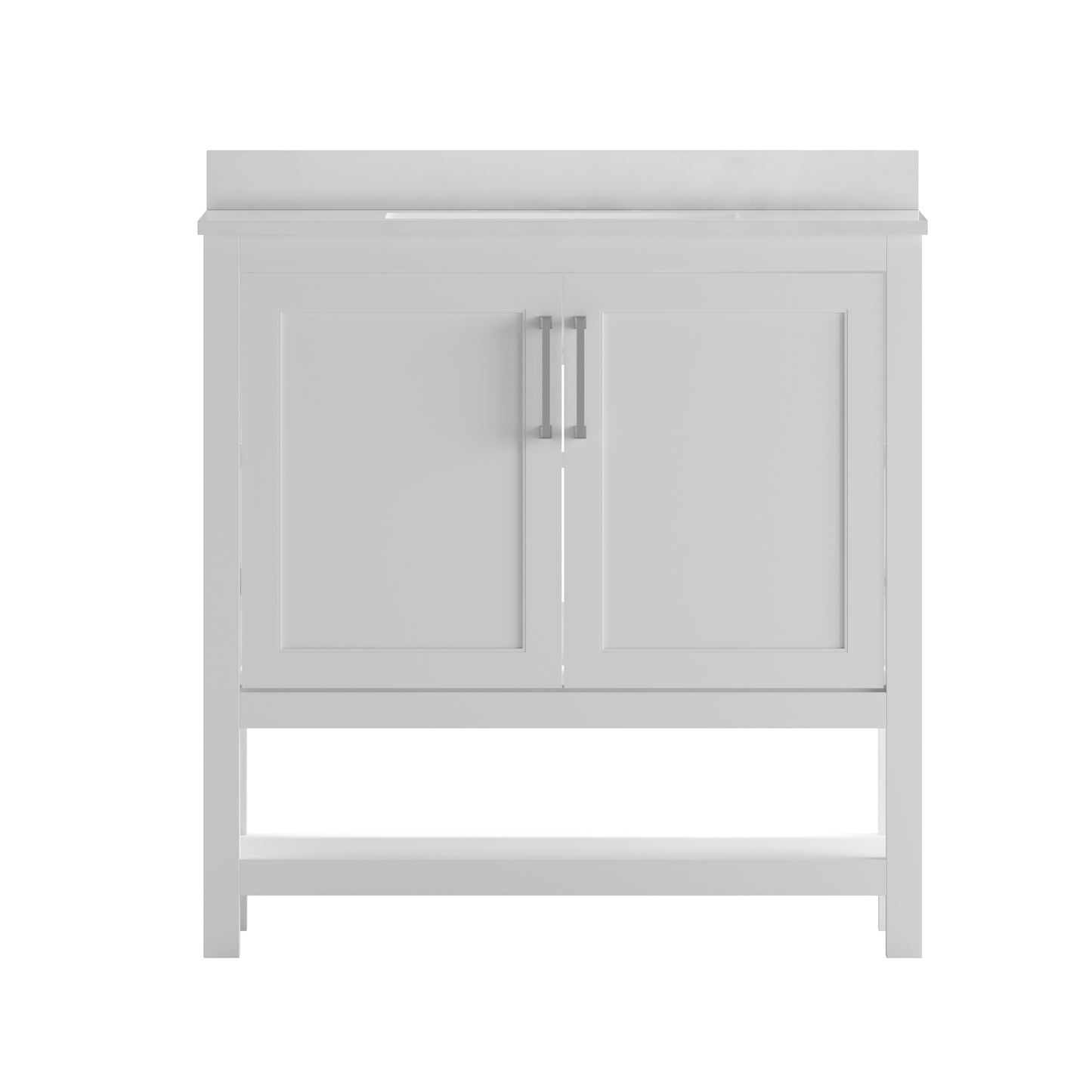 Vega 36 Inch Bathroom Vanity with Sink Combo, Storage Cabinet with Soft Close Doors and Open Shelf, Carrara Marble Finish Countertop, White/White White