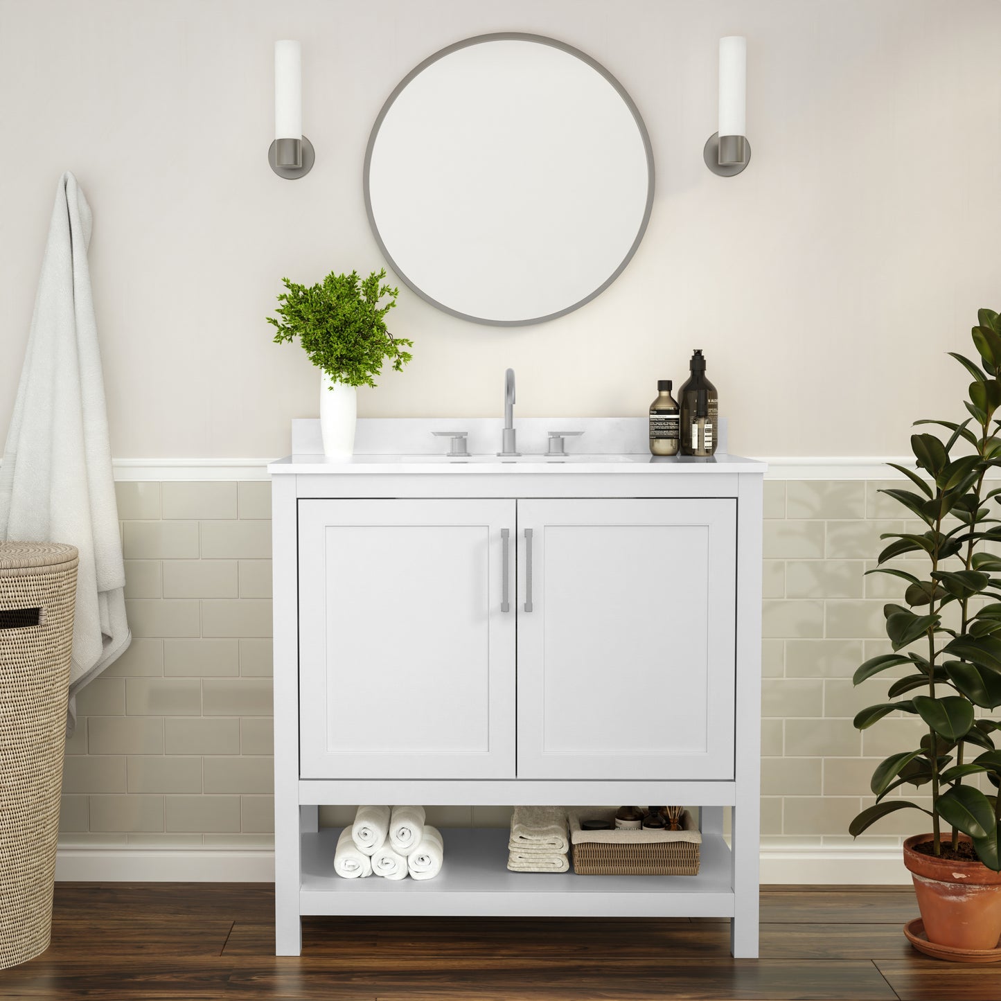 Vega 36 Inch Bathroom Vanity with Sink Combo, Storage Cabinet with Soft Close Doors and Open Shelf, Carrara Marble Finish Countertop, White/White White