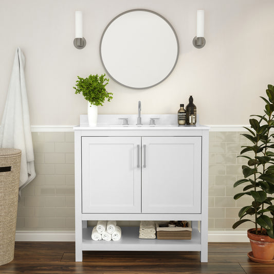 Vega 36 Inch Bathroom Vanity with Sink Combo, Storage Cabinet with Soft Close Doors and Open Shelf, Carrara Marble Finish Countertop, White/White White FS-VEGA36-WH-GG
