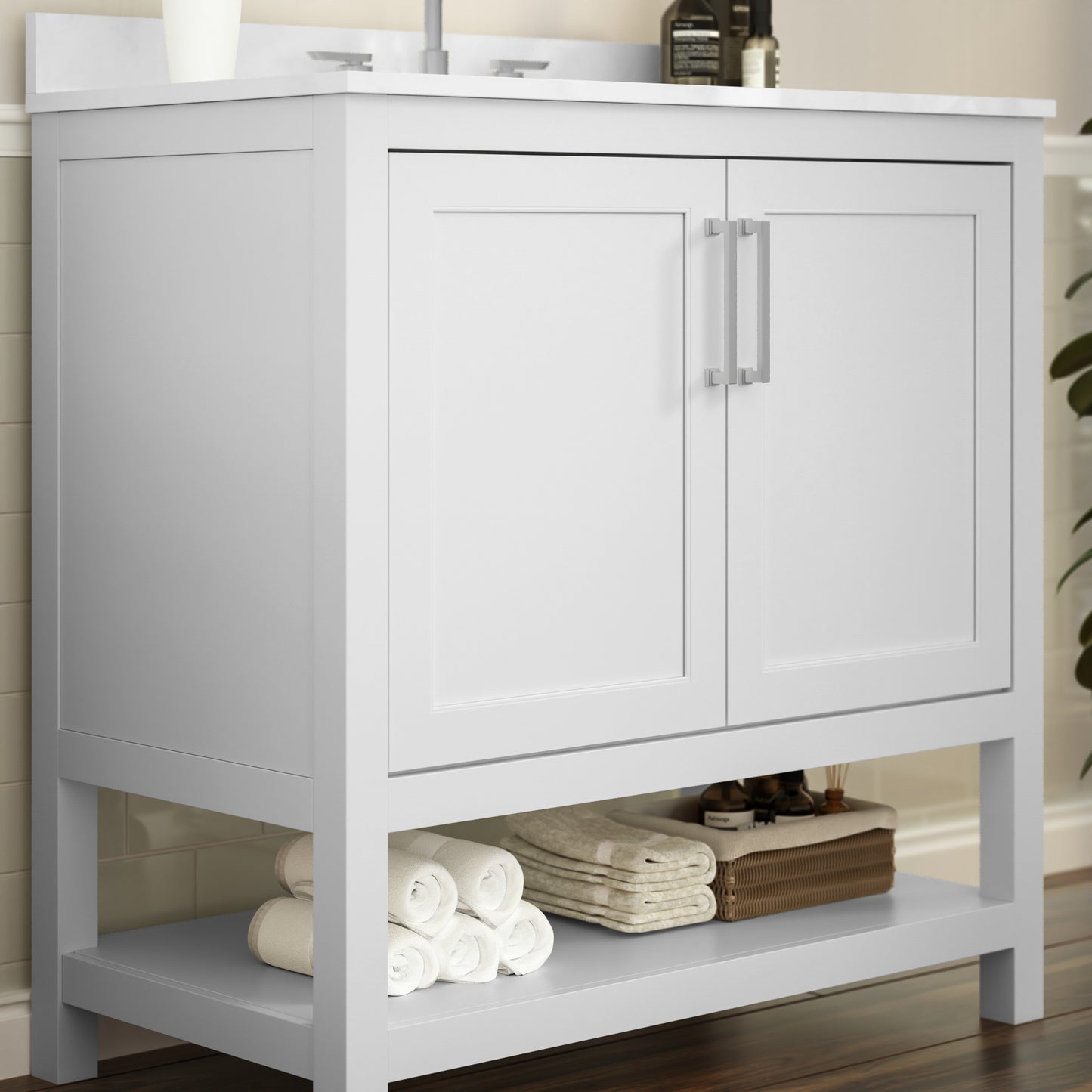 Vega 36 Inch Bathroom Vanity with Sink Combo, Storage Cabinet with Soft Close Doors and Open Shelf, Carrara Marble Finish Countertop, White/White White