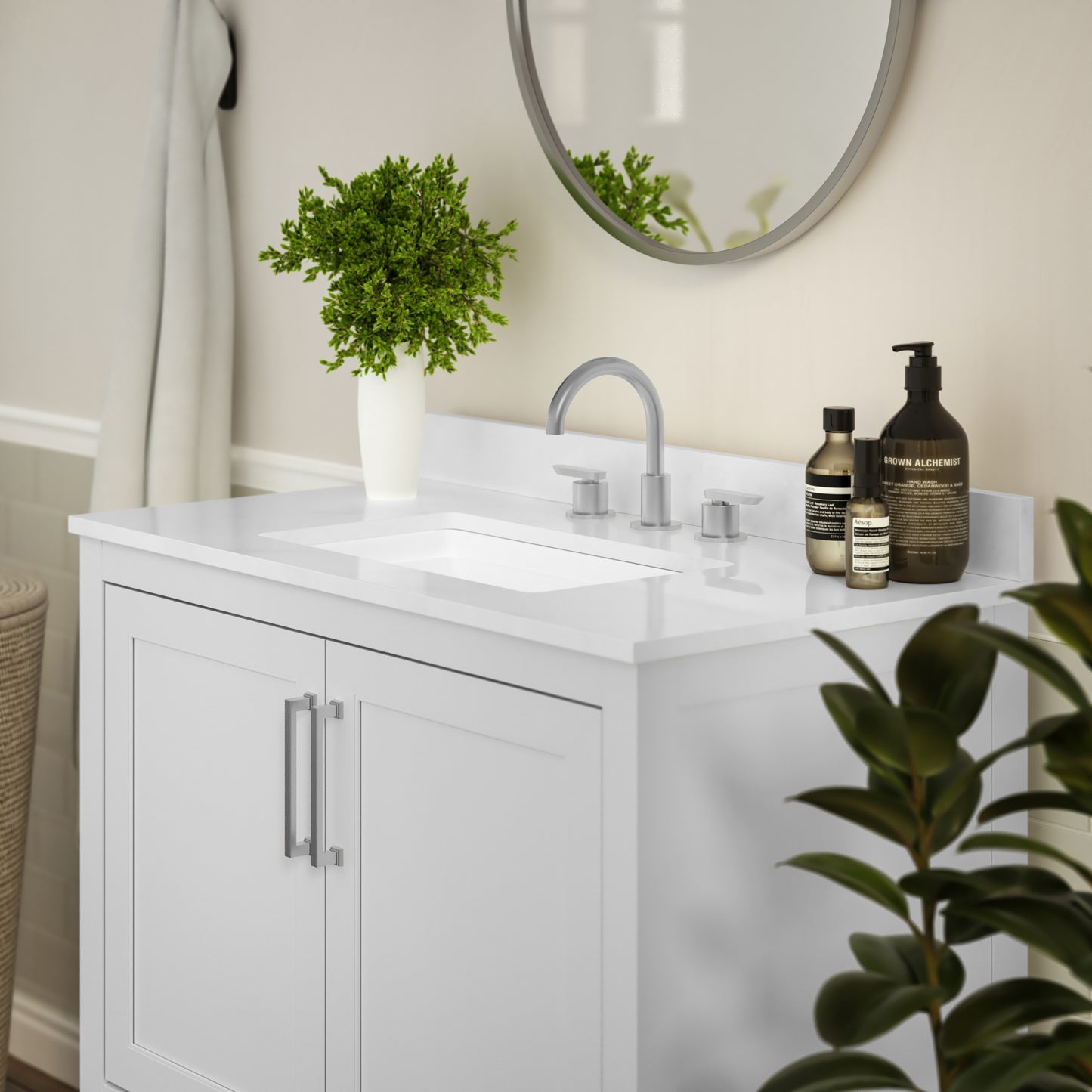 Vega 36 Inch Bathroom Vanity with Sink Combo, Storage Cabinet with Soft Close Doors and Open Shelf, Carrara Marble Finish Countertop, White/White White