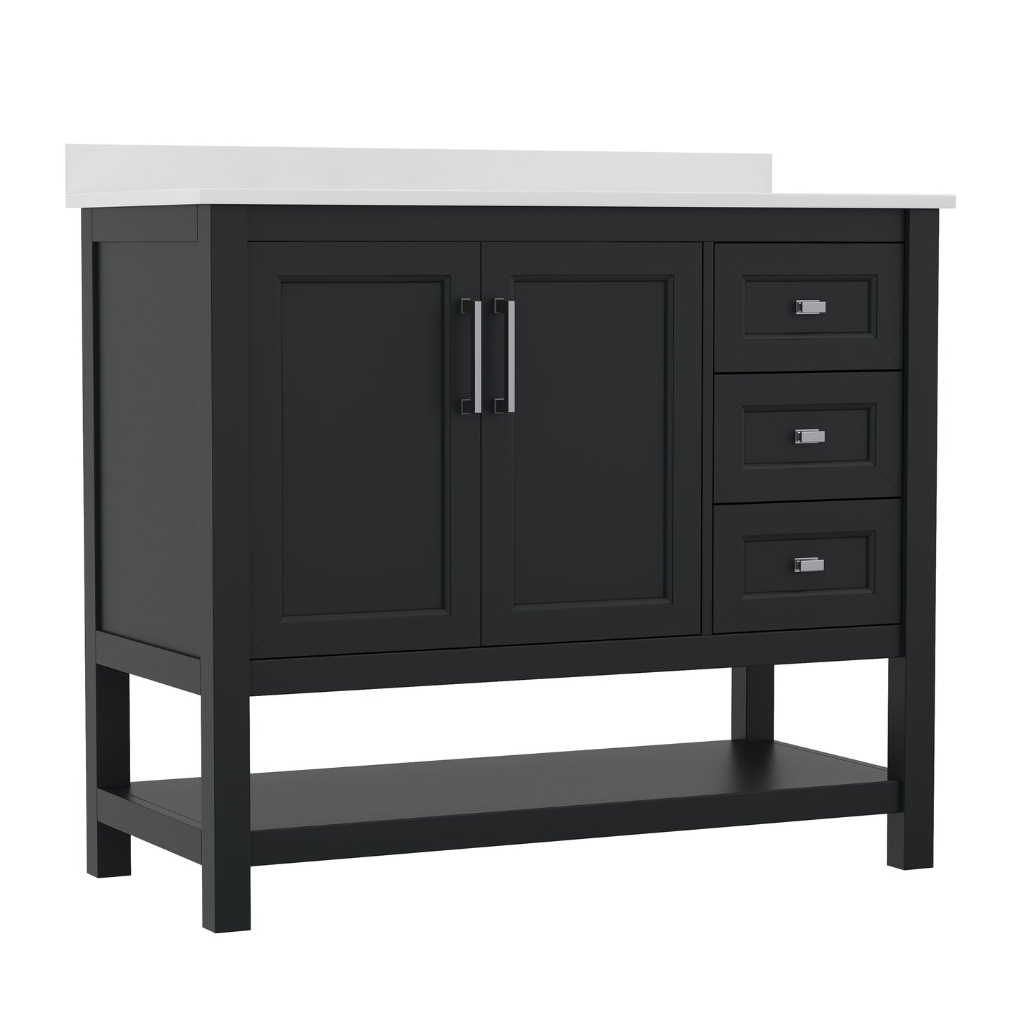 Vega 42 Inch Bathroom Vanity with Sink, Storage Cabinet with Soft Close Doors, Open Shelf and 3 Drawers, Carrara Marble Finish Countertop, Black Black Frame/Nickel Hardware