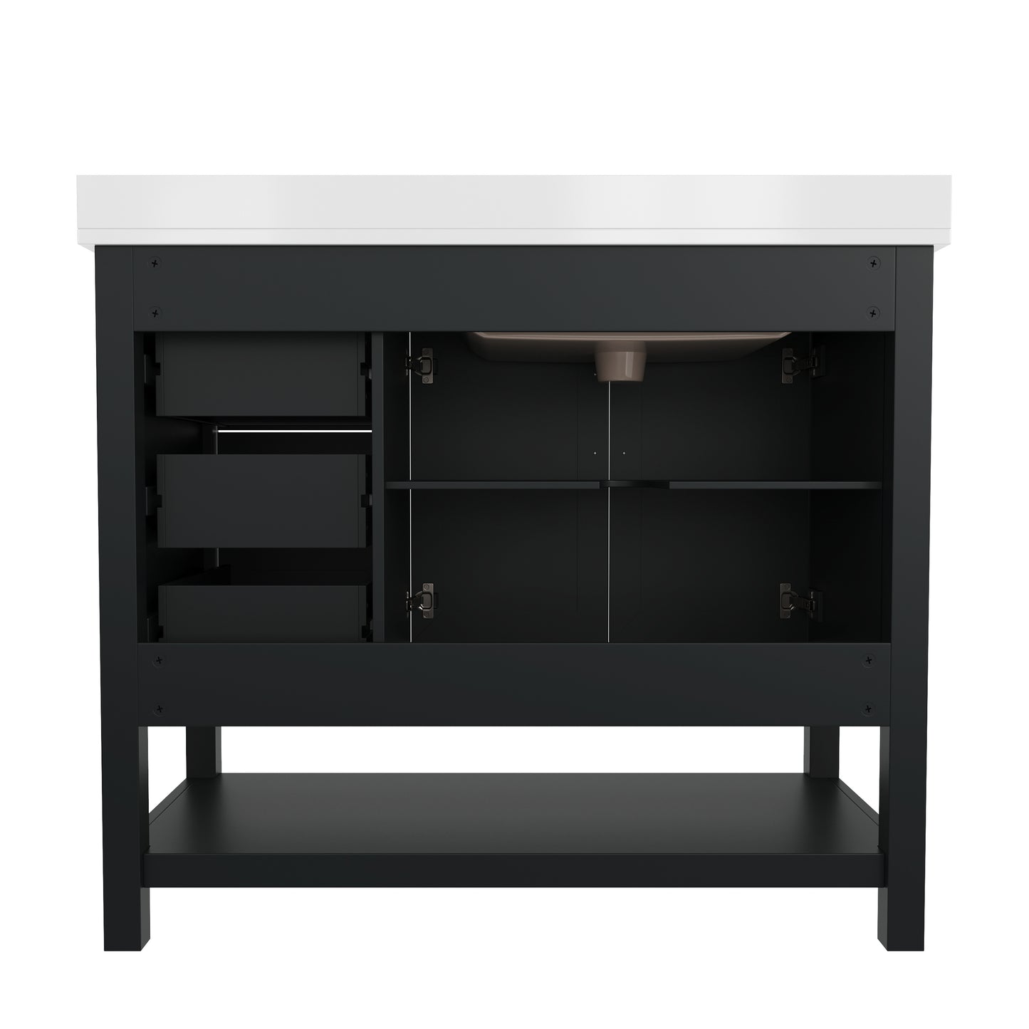 Vega 42 Inch Bathroom Vanity with Sink, Storage Cabinet with Soft Close Doors, Open Shelf and 3 Drawers, Carrara Marble Finish Countertop, Black Black Frame/Nickel Hardware