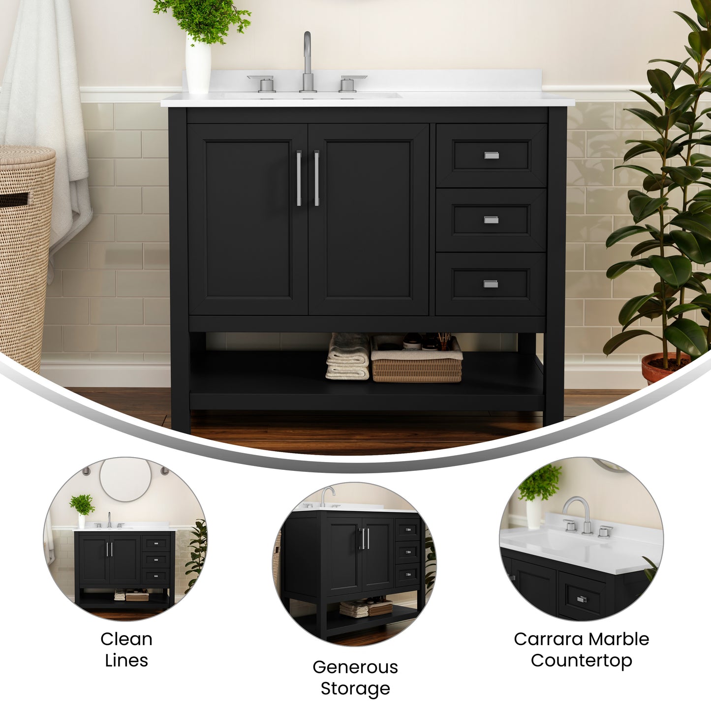 Vega 42 Inch Bathroom Vanity with Sink, Storage Cabinet with Soft Close Doors, Open Shelf and 3 Drawers, Carrara Marble Finish Countertop, Black Black Frame/Nickel Hardware