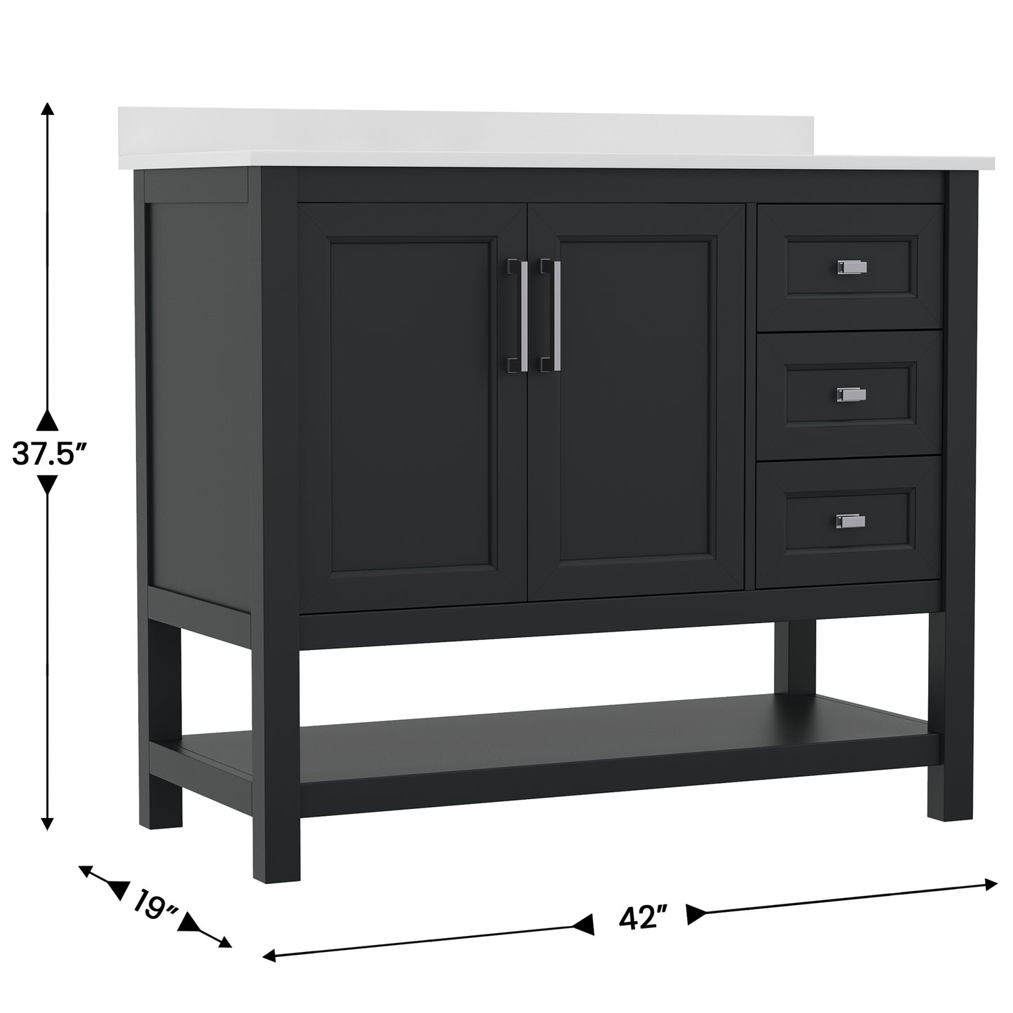 Vega 42 Inch Bathroom Vanity with Sink, Storage Cabinet with Soft Close Doors, Open Shelf and 3 Drawers, Carrara Marble Finish Countertop, Black Black Frame/Nickel Hardware