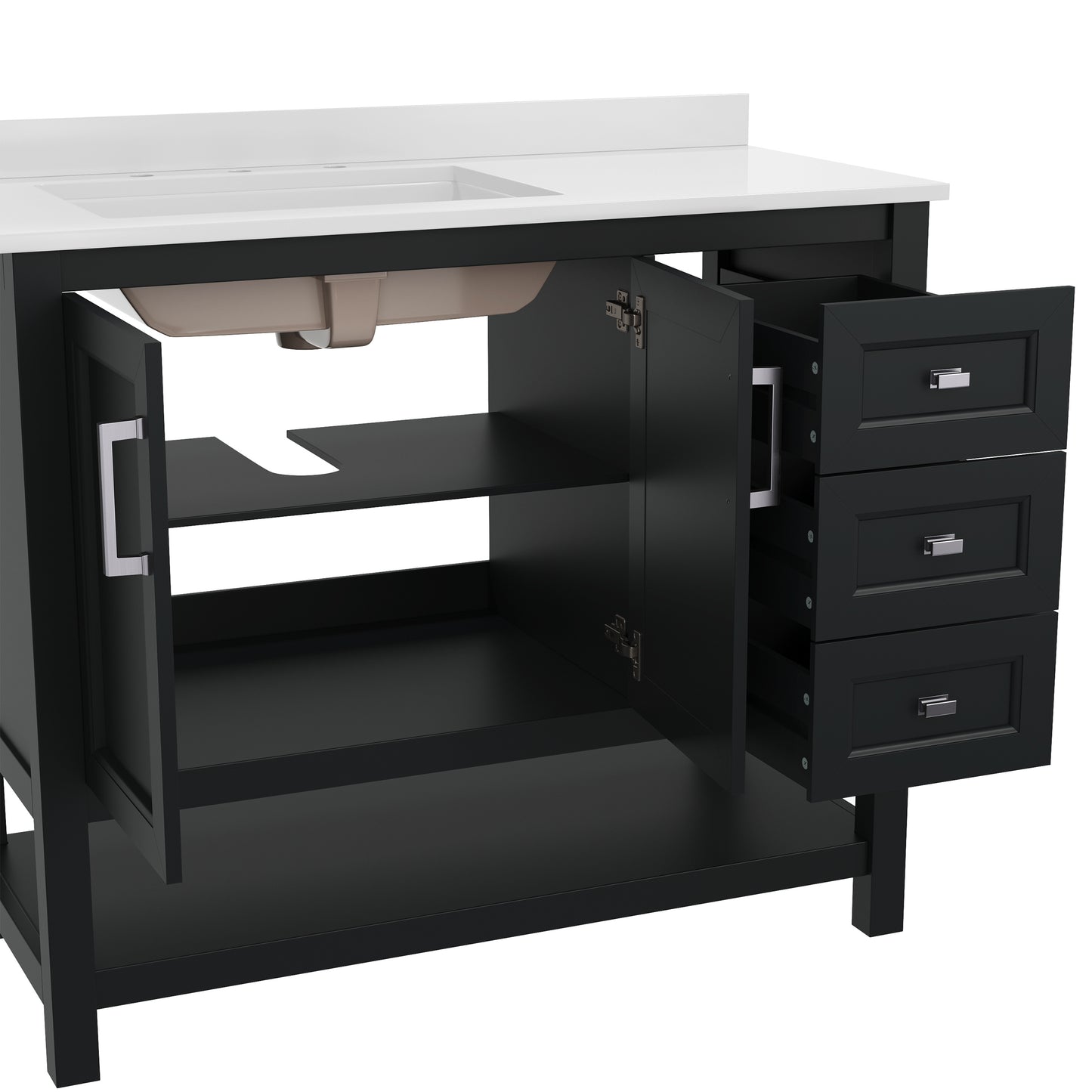 Vega 42 Inch Bathroom Vanity with Sink, Storage Cabinet with Soft Close Doors, Open Shelf and 3 Drawers, Carrara Marble Finish Countertop, Black Black Frame/Nickel Hardware