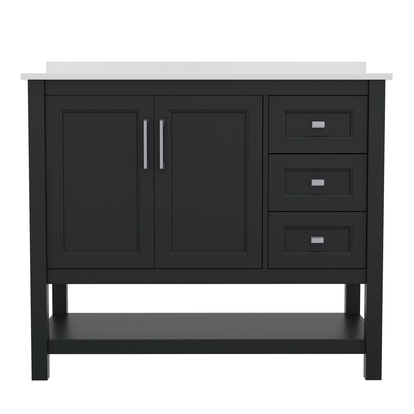 Vega 42 Inch Bathroom Vanity with Sink, Storage Cabinet with Soft Close Doors, Open Shelf and 3 Drawers, Carrara Marble Finish Countertop, Black Black Frame/Nickel Hardware