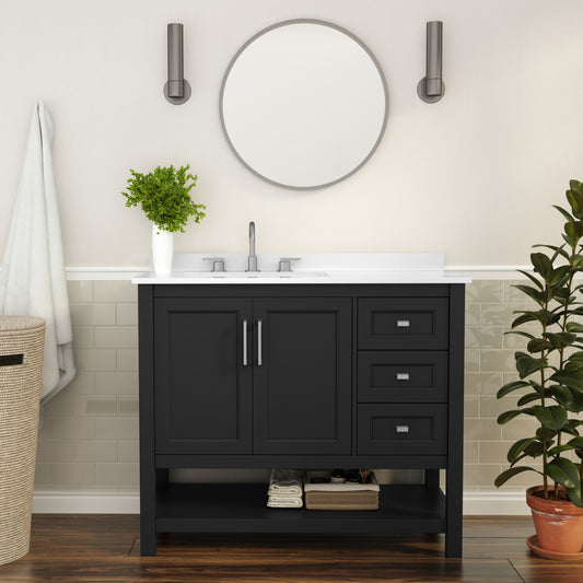 Vega 42 Inch Bathroom Vanity with Sink, Storage Cabinet with Soft Close Doors, Open Shelf and 3 Drawers, Carrara Marble Finish Countertop, Black Black Frame/Nickel Hardware FS-VEGA42-BK-GG