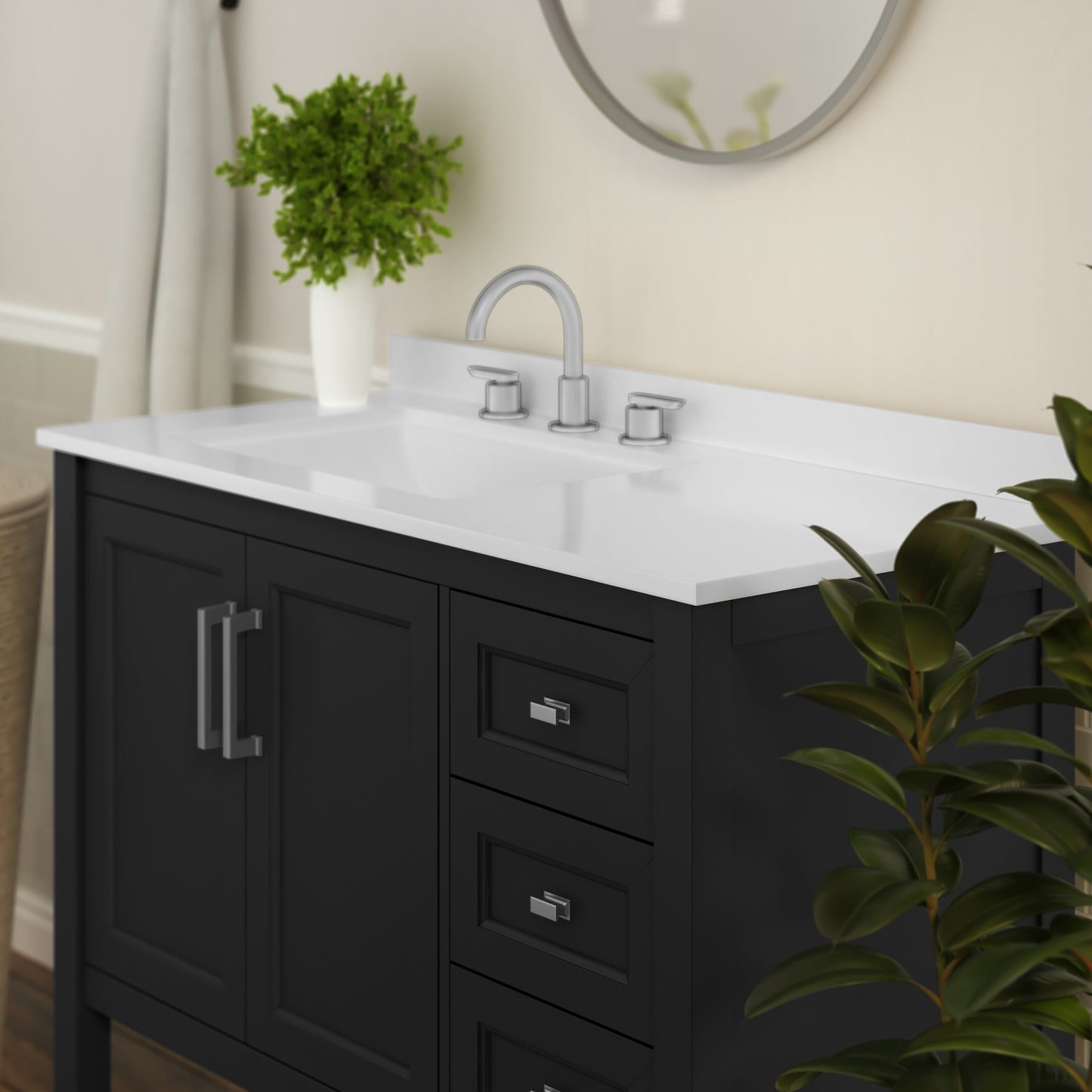 Vega 42 Inch Bathroom Vanity with Sink, Storage Cabinet with Soft Close Doors, Open Shelf and 3 Drawers, Carrara Marble Finish Countertop, Black Black Frame/Nickel Hardware