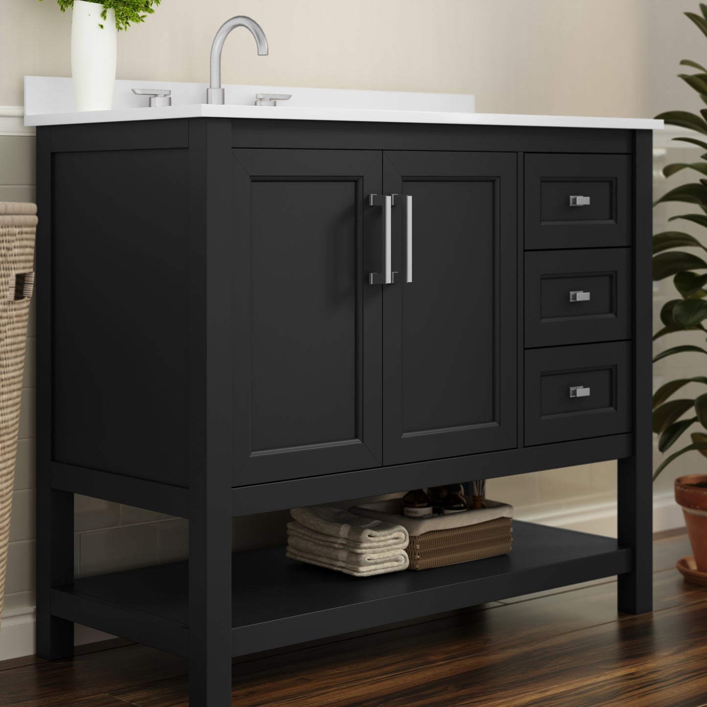 Vega 42 Inch Bathroom Vanity with Sink, Storage Cabinet with Soft Close Doors, Open Shelf and 3 Drawers, Carrara Marble Finish Countertop, Black Black Frame/Nickel Hardware